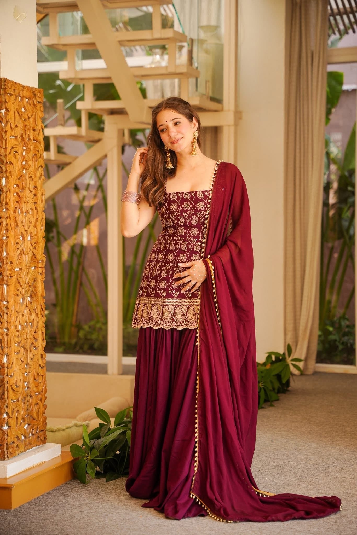 Hina Maroon Heavy Embroidered Sharara Set