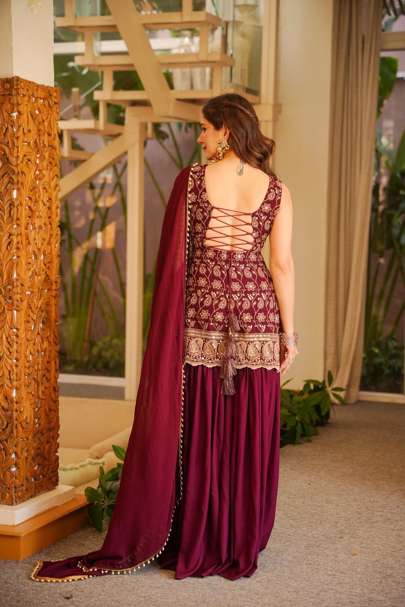Hina Maroon Heavy Embroidered Sharara Set