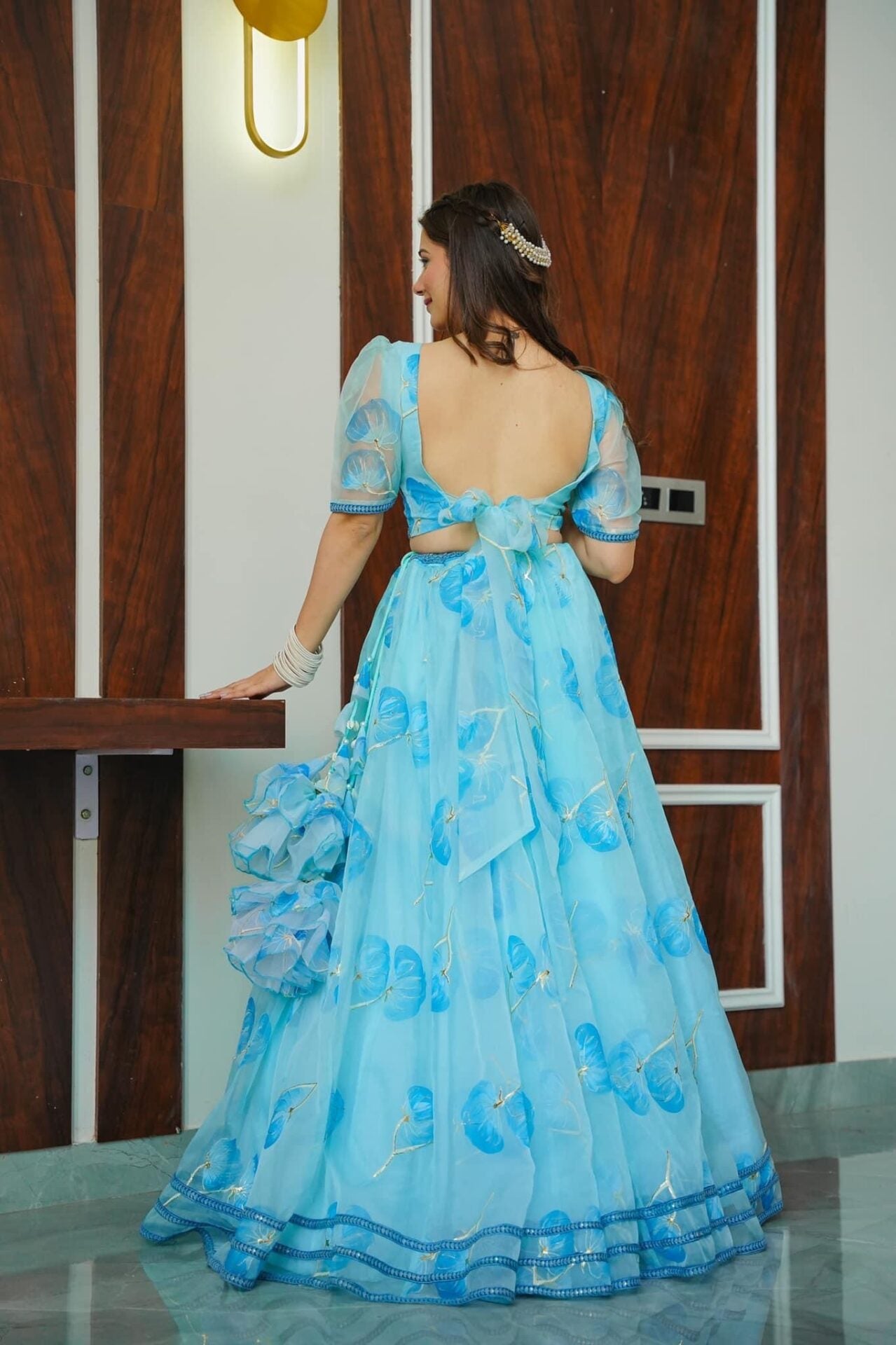 blue glow handpainted organza lehenga choli set