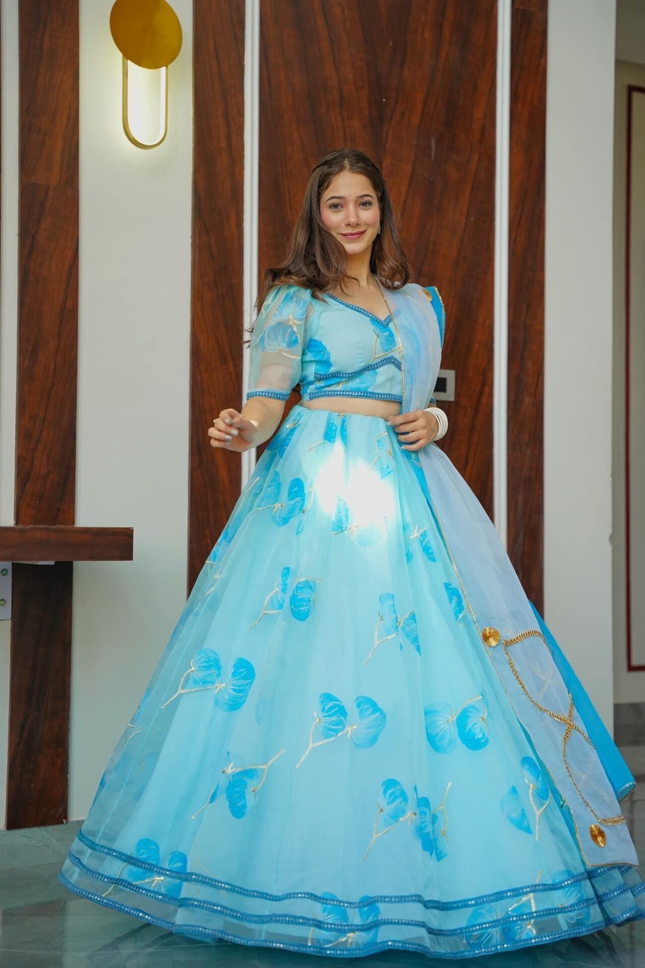 blue glow handpainted organza lehenga choli set