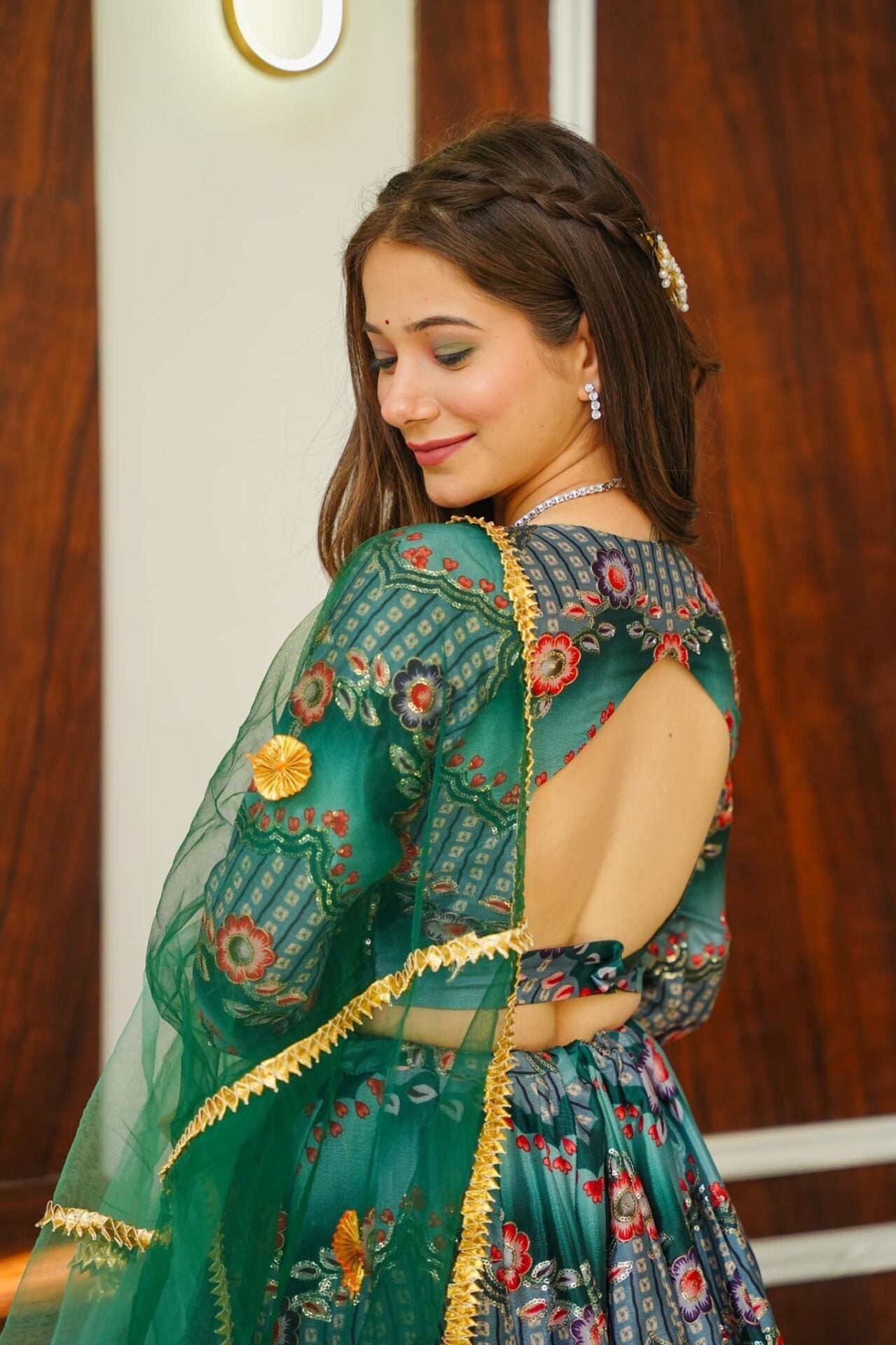 Green silk embroidered lehenga choli set