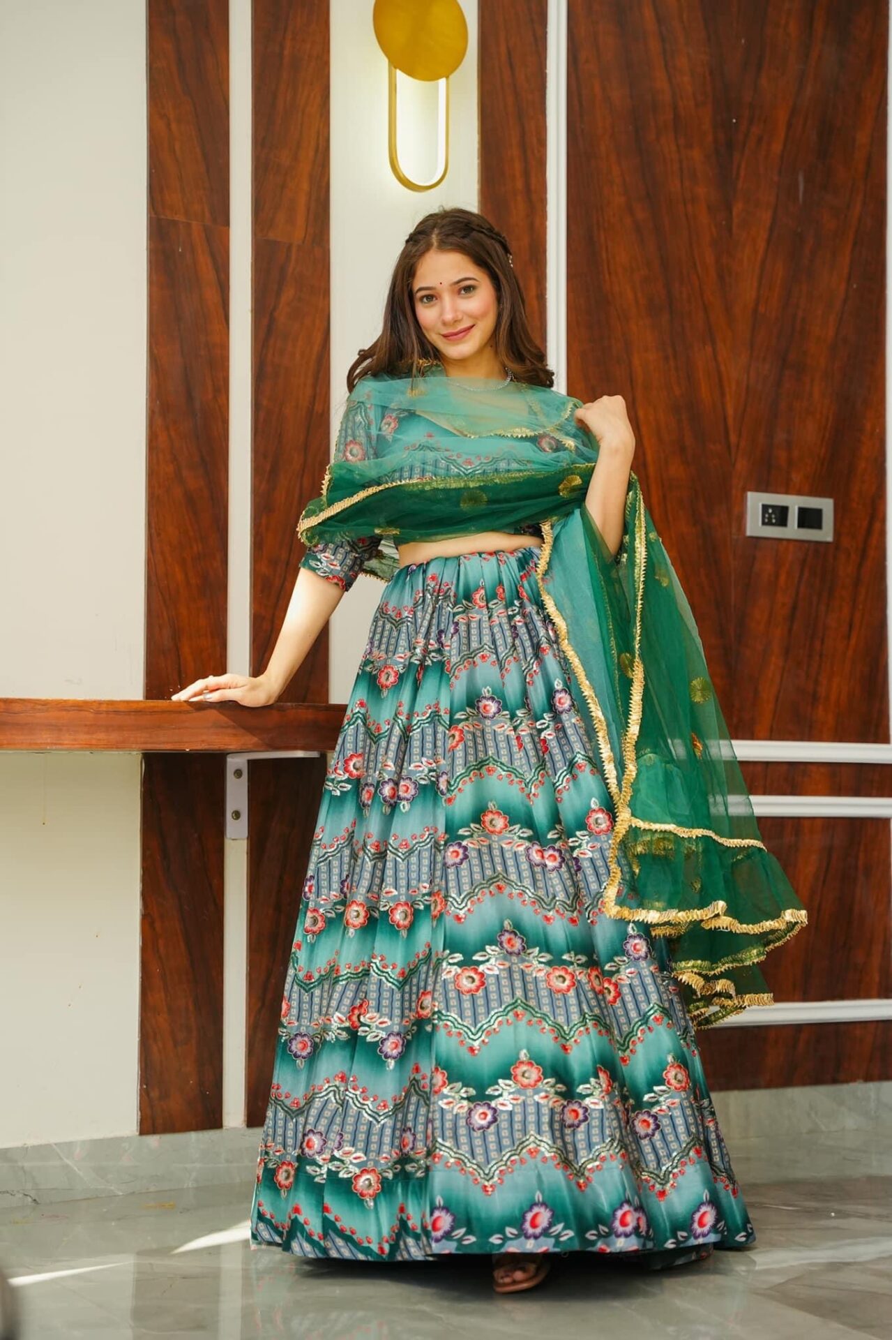 Green silk embroidered lehenga choli set