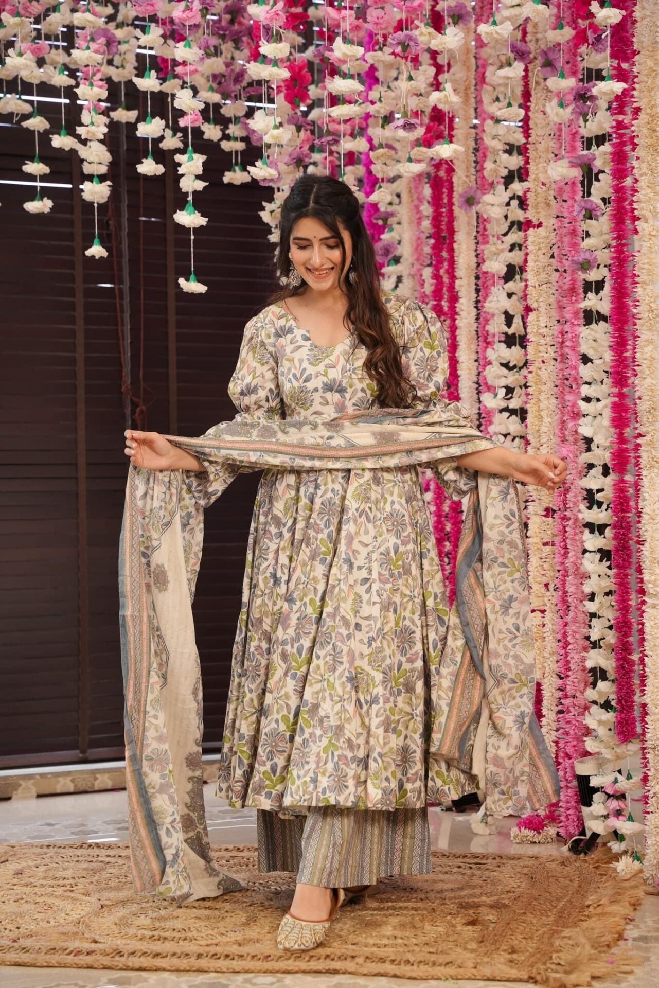 Green leaf print cotton suit set