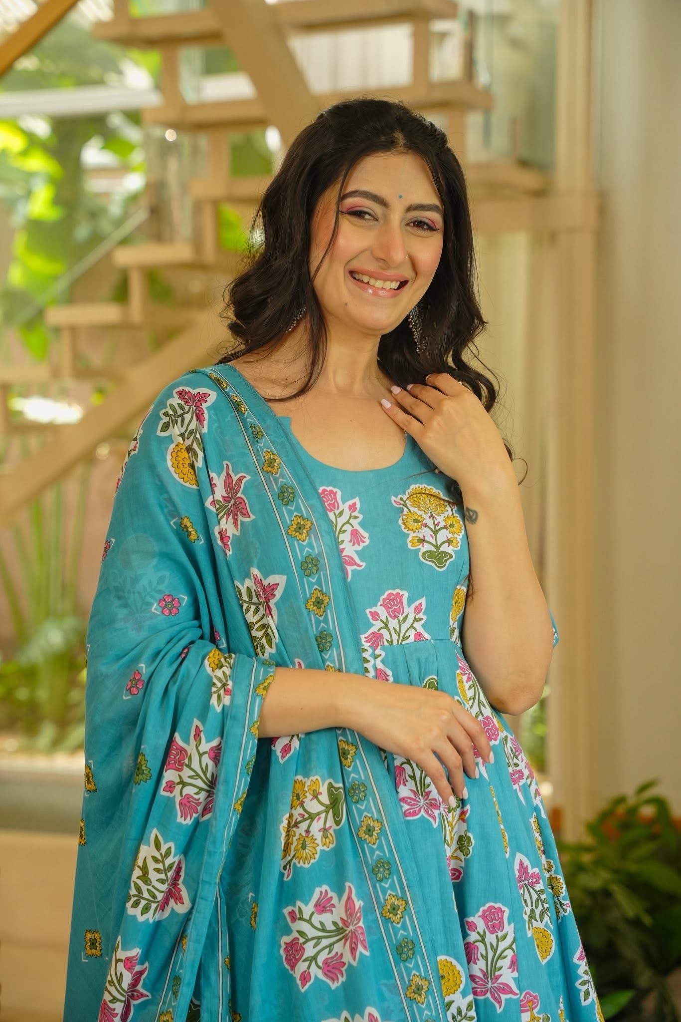 Netrika Floral Cotton Anarkali Suit Set