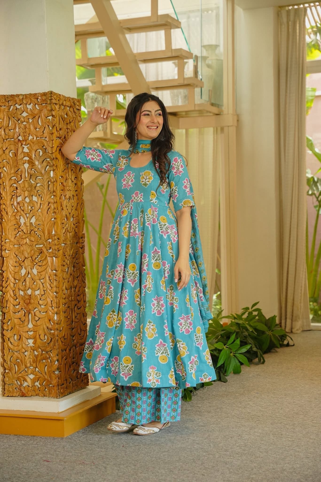 Netrika Floral Cotton Anarkali Suit Set