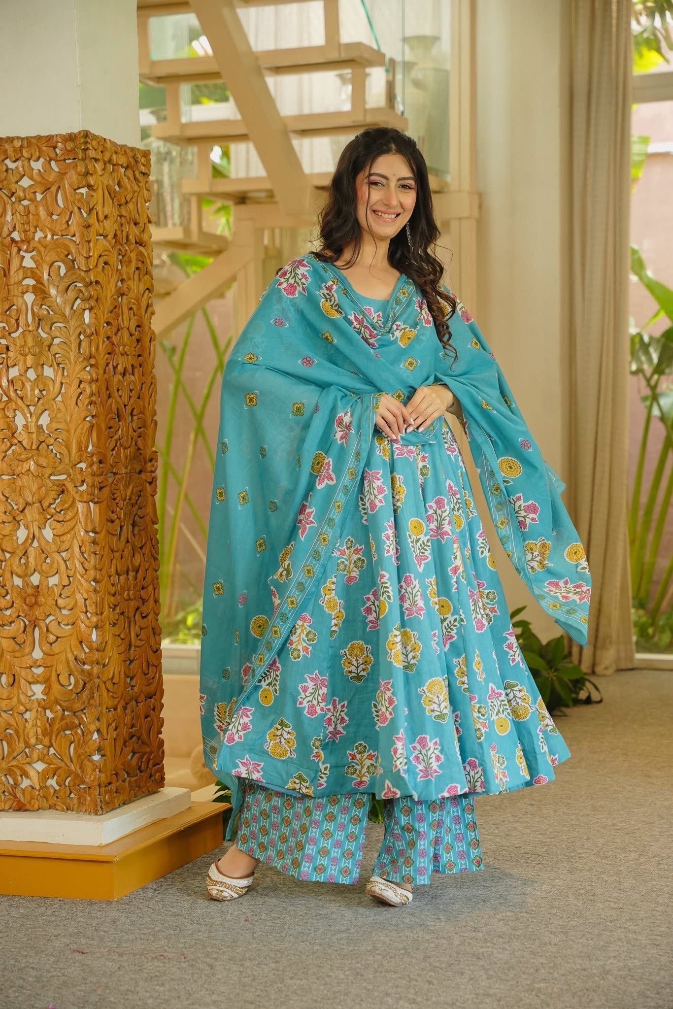 Netrika Floral Cotton Anarkali Suit Set