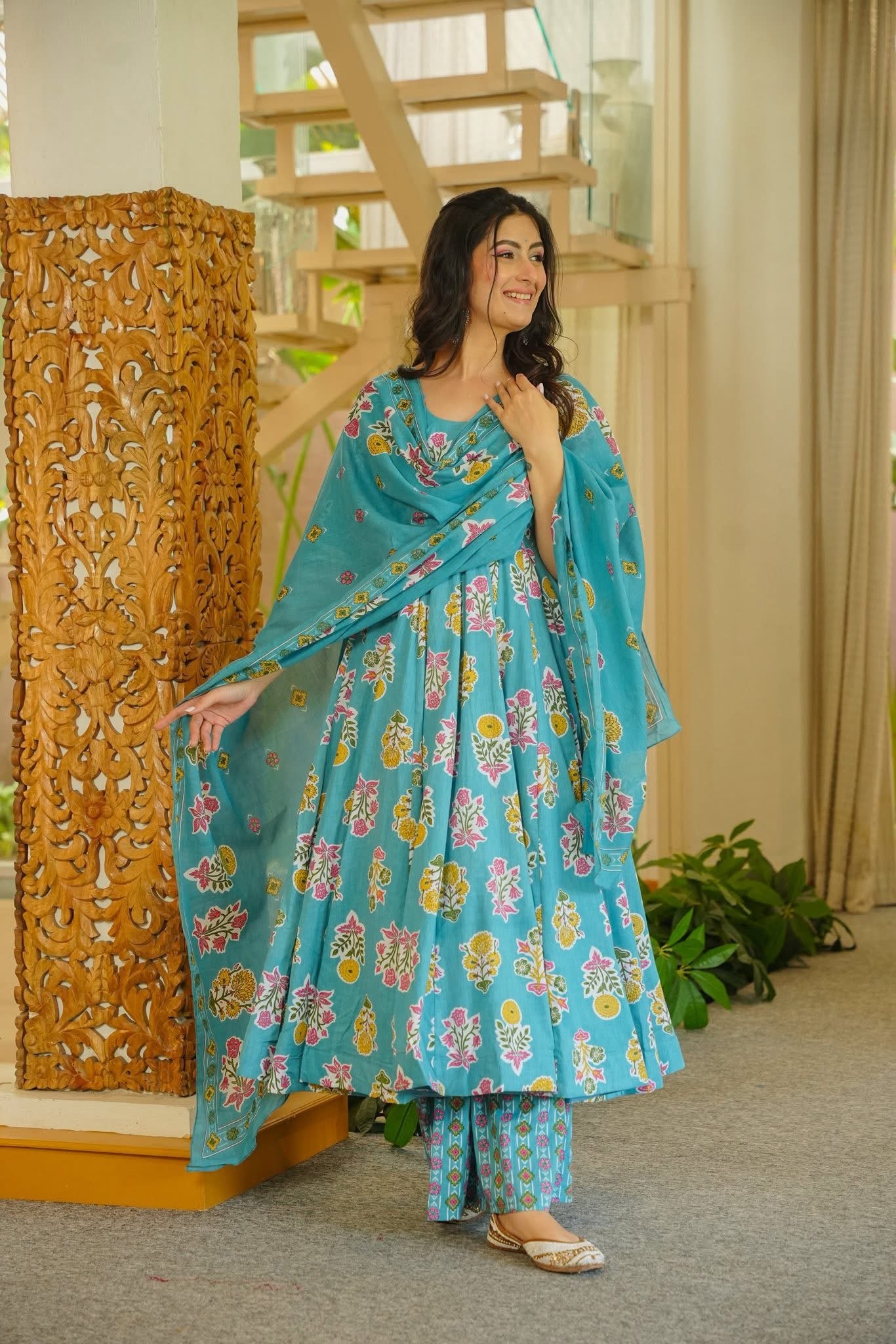 Netrika Floral Cotton Anarkali Suit Set
