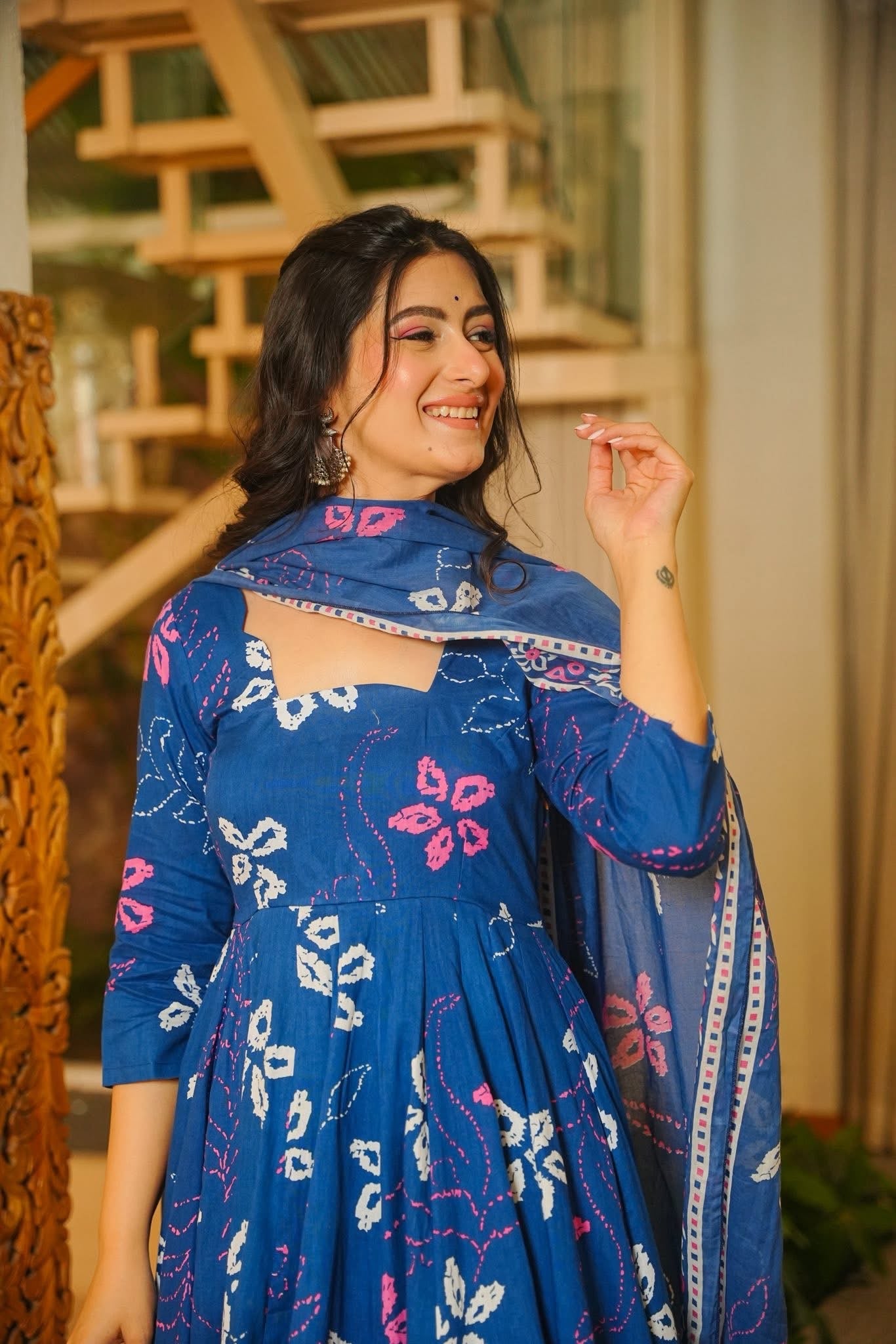 Saanchi Blue Cotton Anarkali Suit Set
