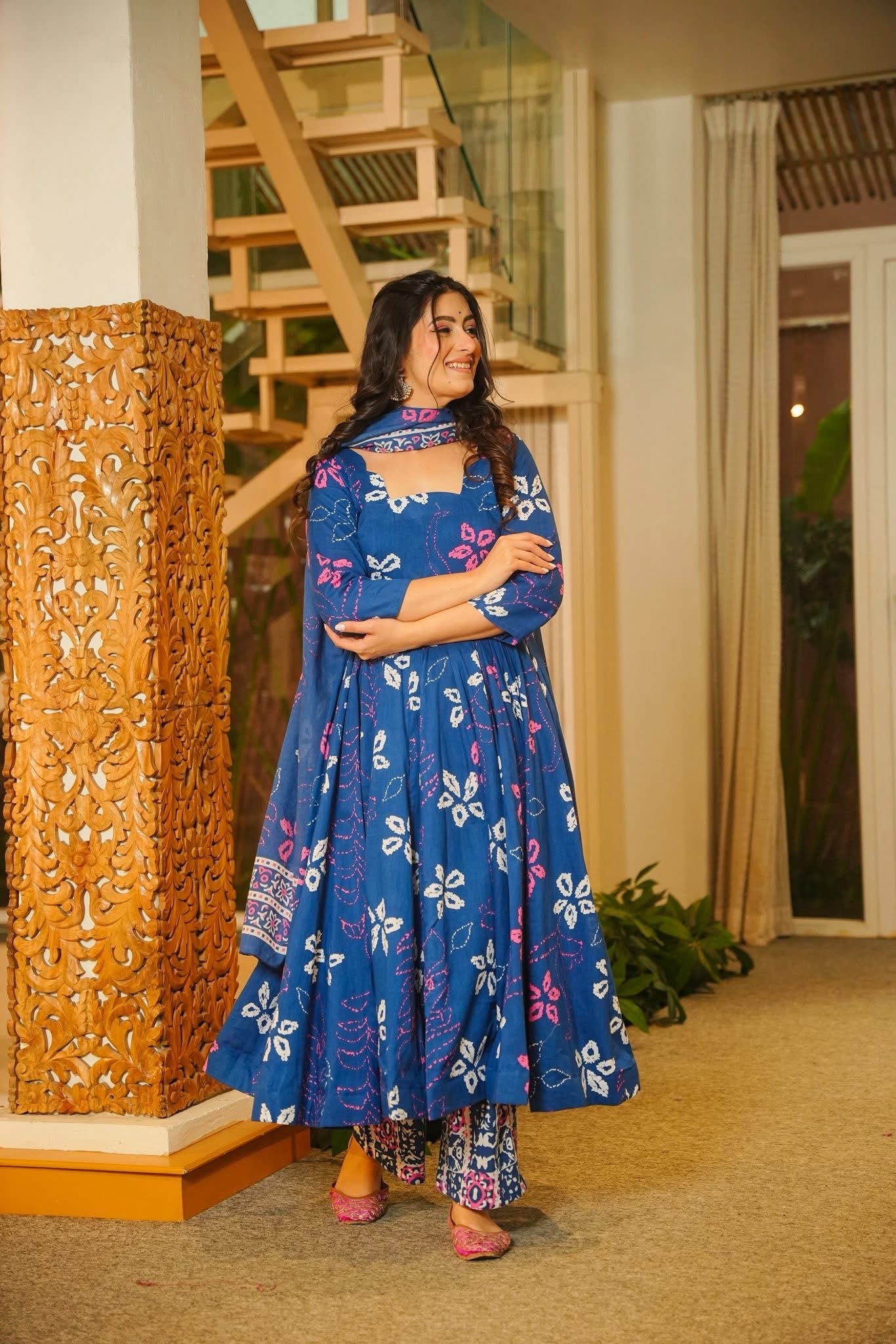 Saanchi Blue Cotton Anarkali Suit Set