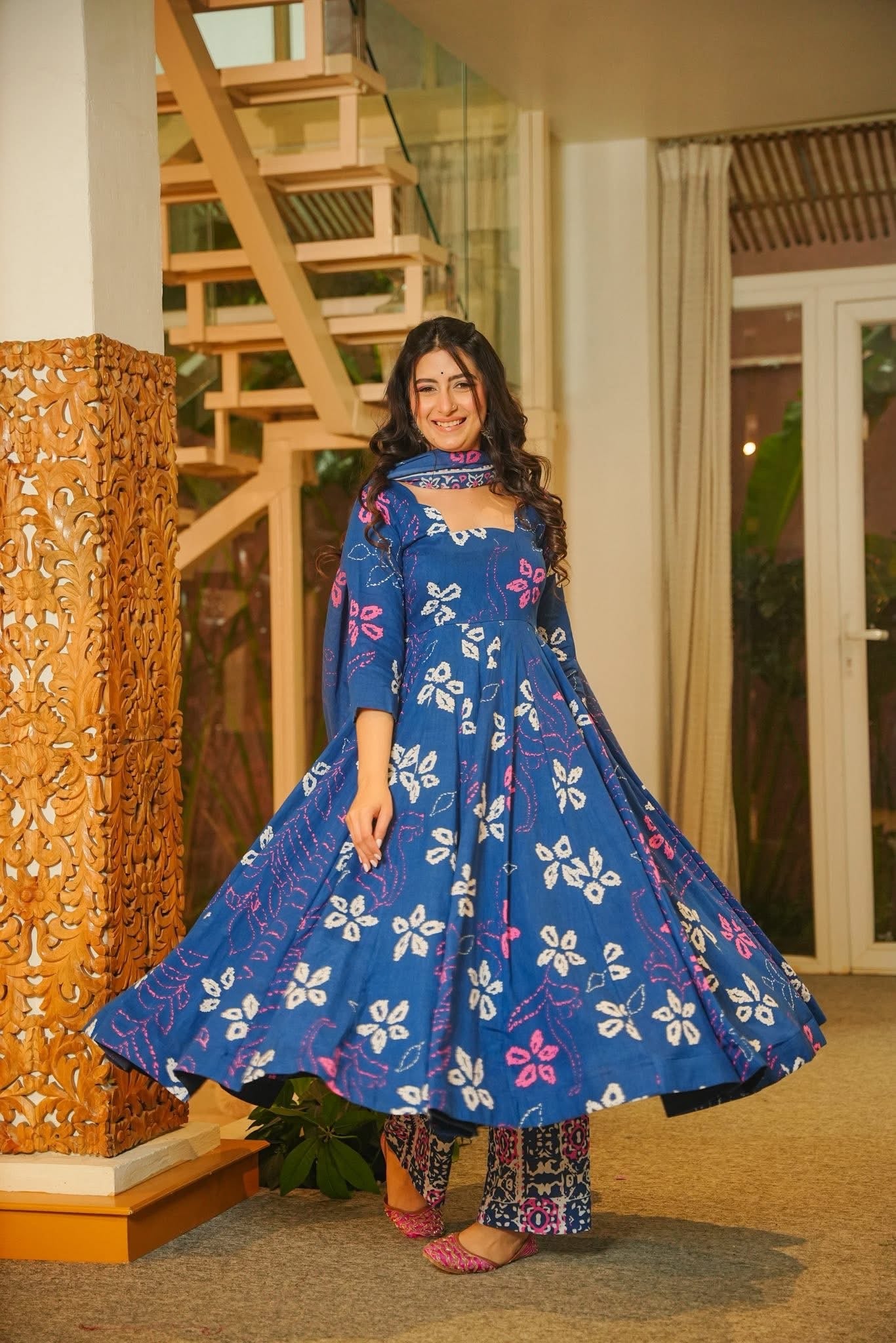 Saanchi Blue Cotton Anarkali Suit Set