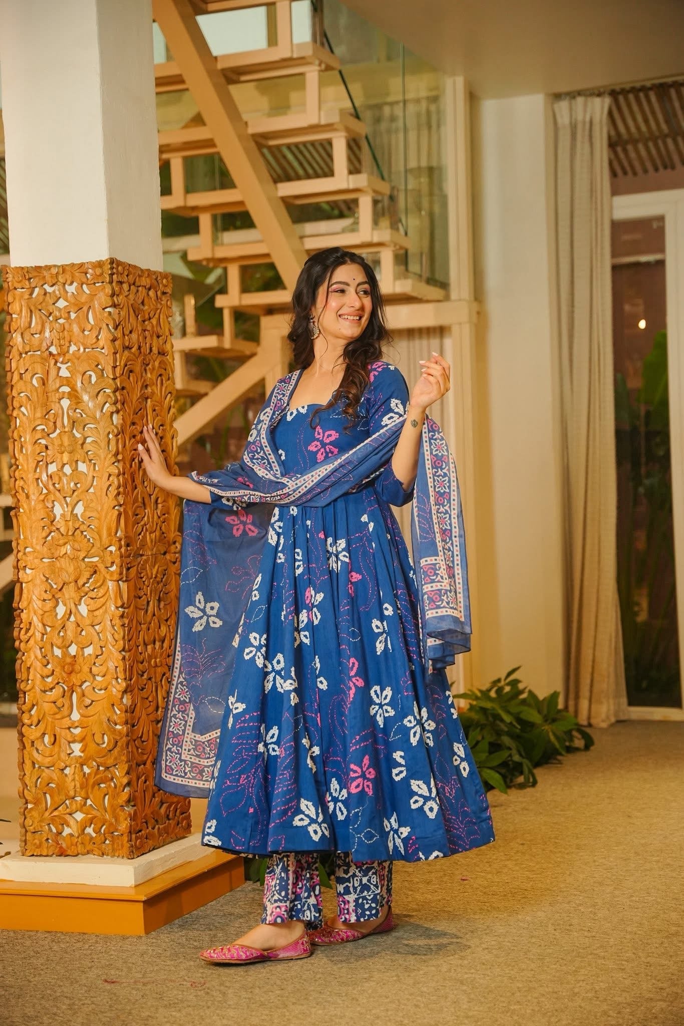 Saanchi Blue Cotton Anarkali Suit Set