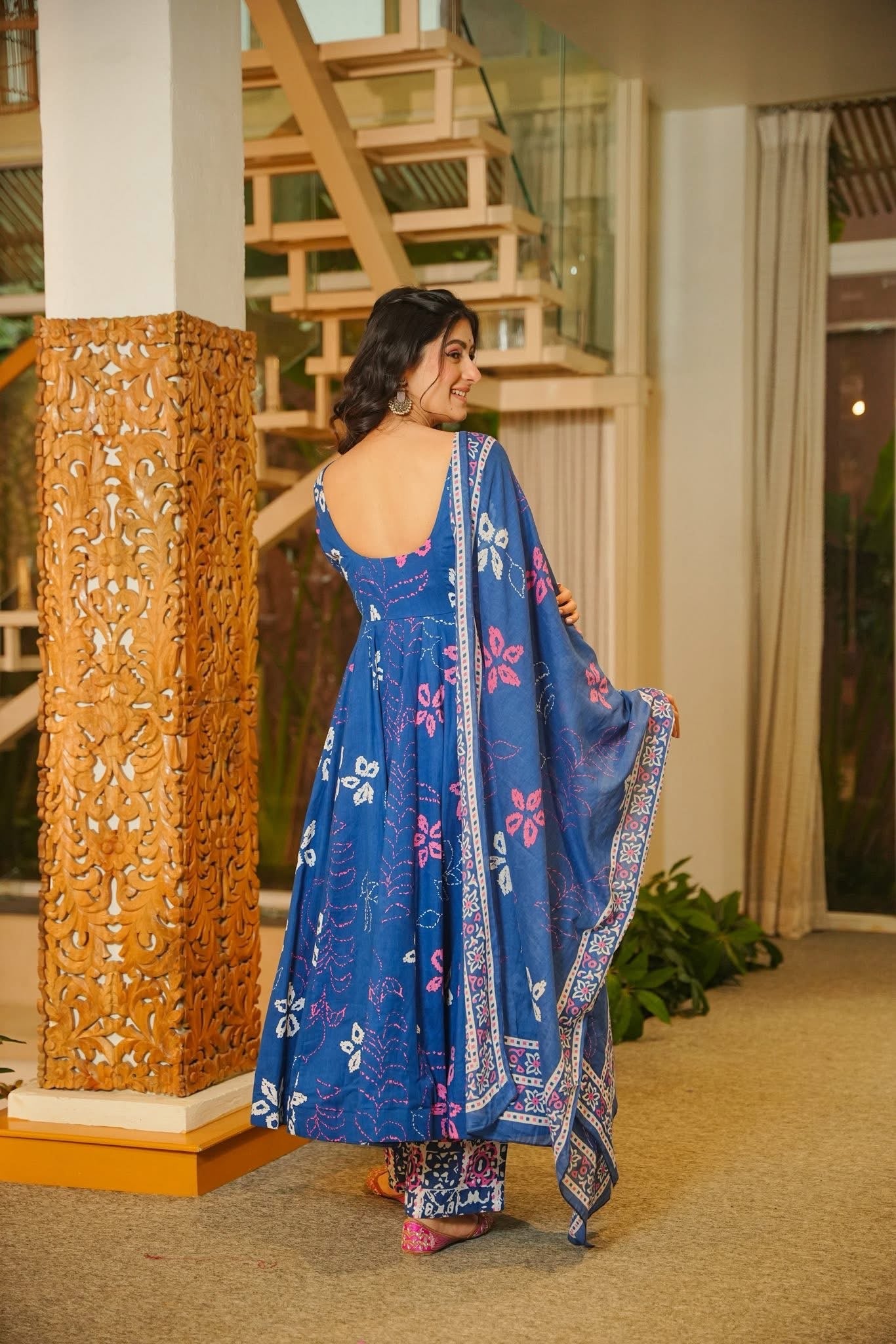 Saanchi Blue Cotton Anarkali Suit Set