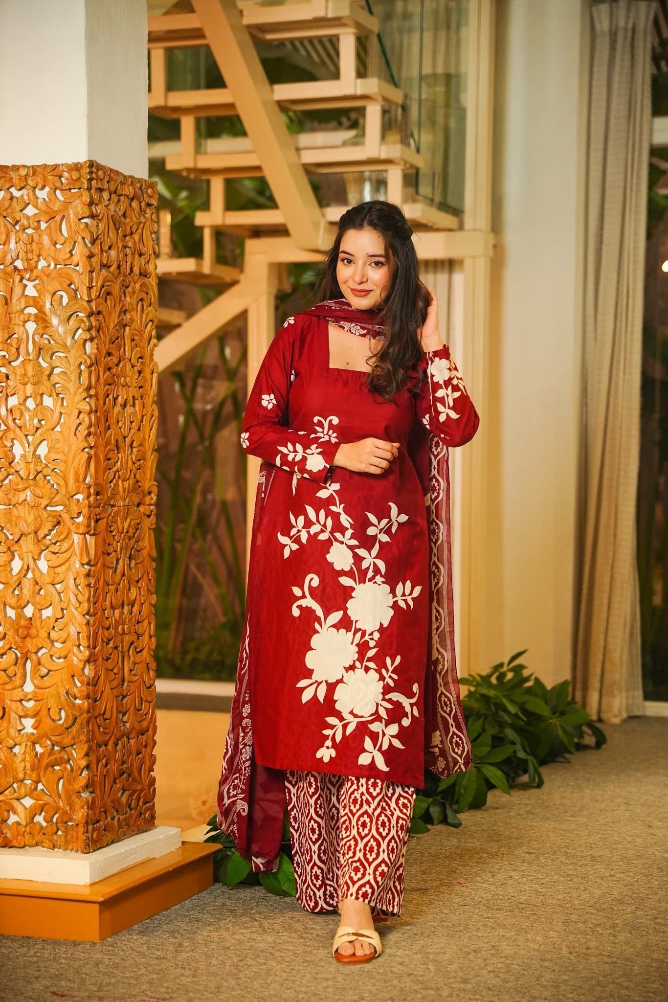 Shloka Red Cotton Straight Kurta Set