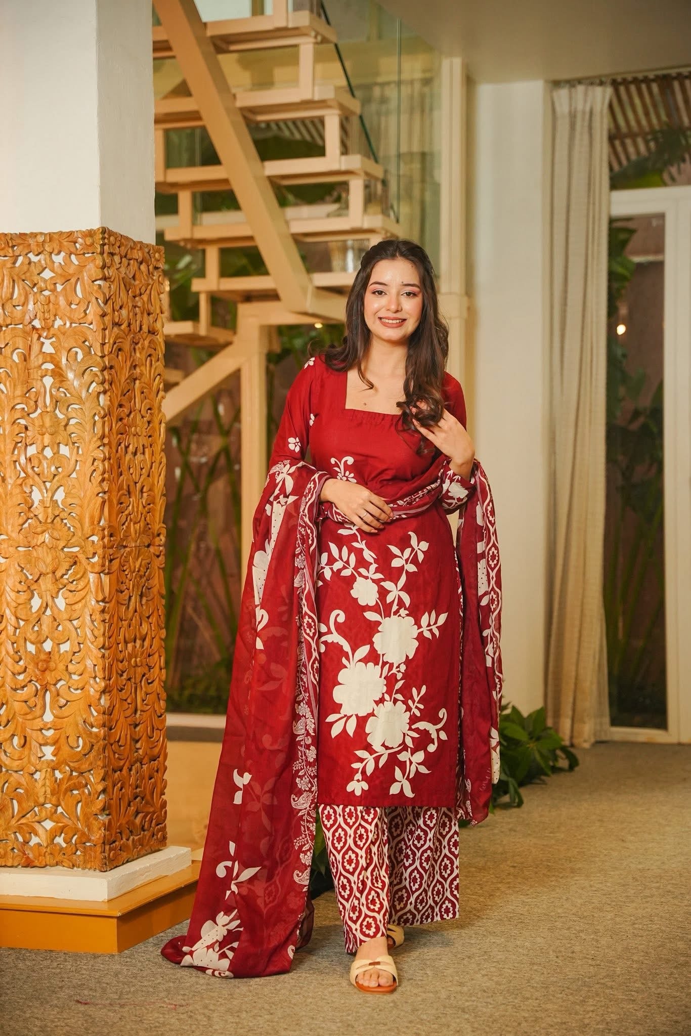 Shloka Red Cotton Straight Kurta Set