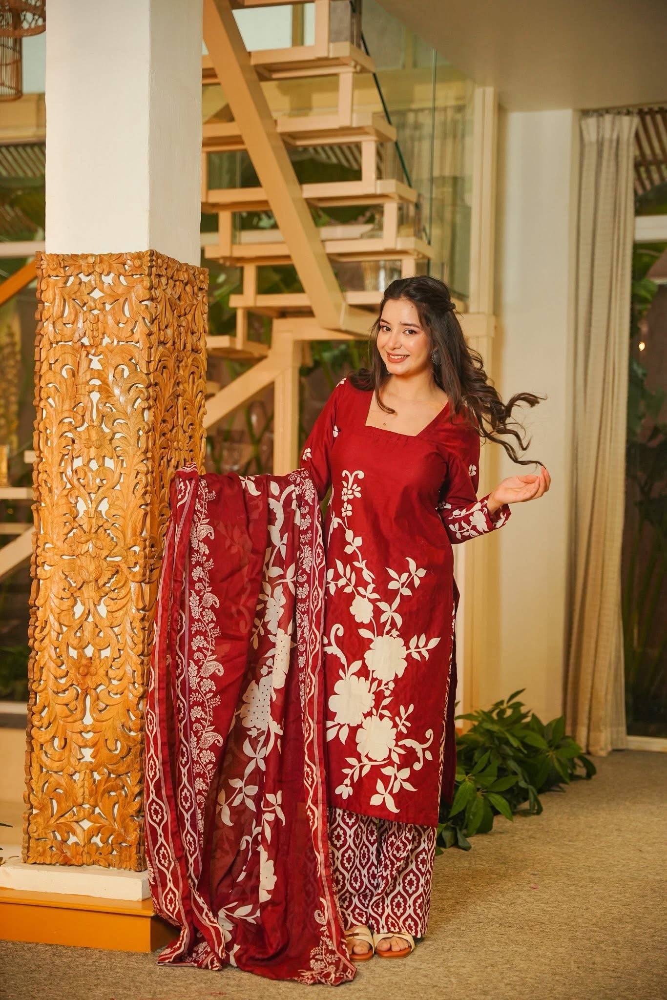 Shloka Red Cotton Straight Kurta Set