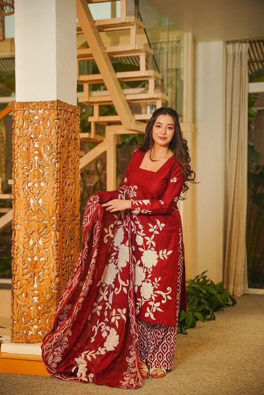 Shloka Red Cotton Straight Kurta Set