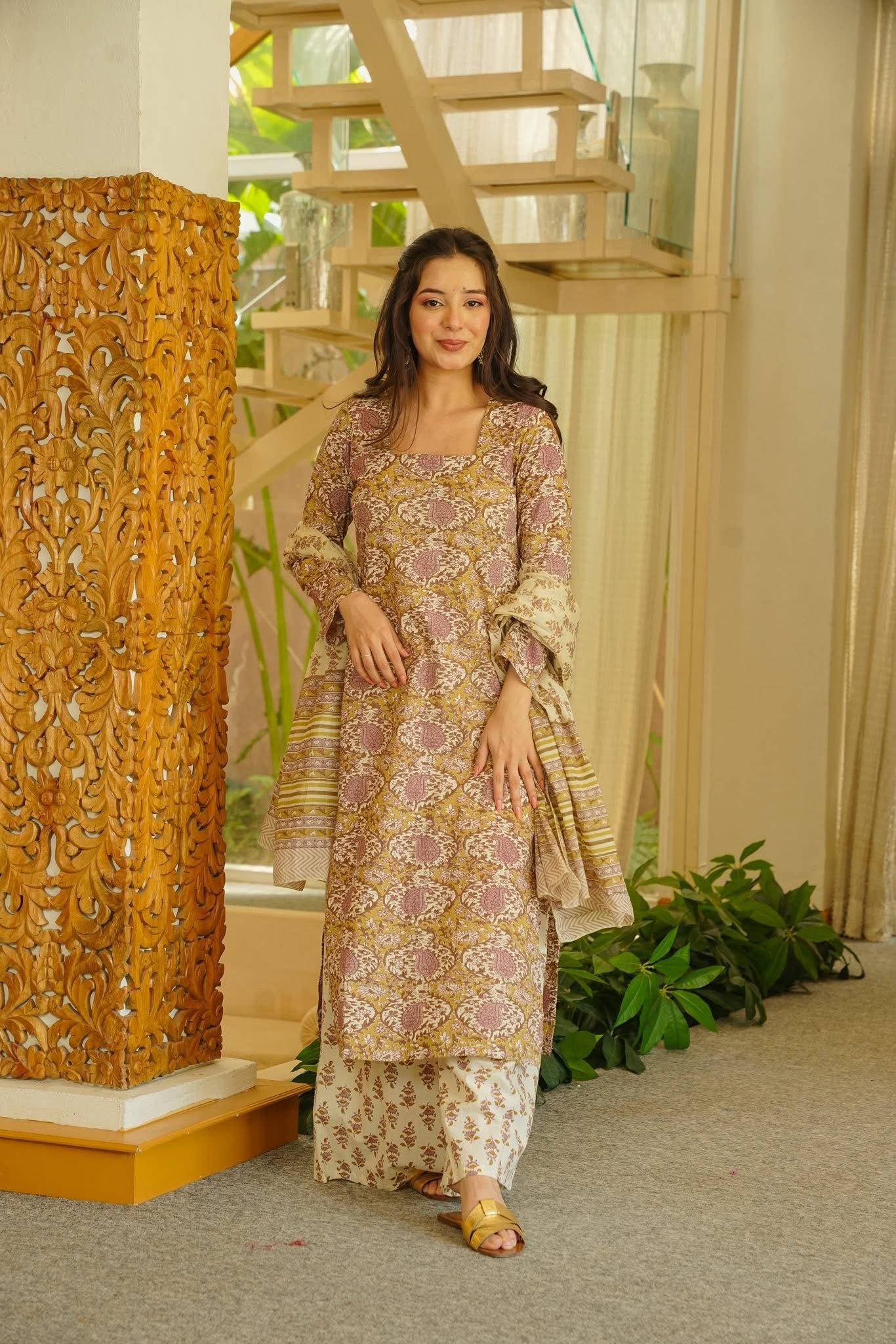 Ekavira Floral Cotton Straight Kurta Set