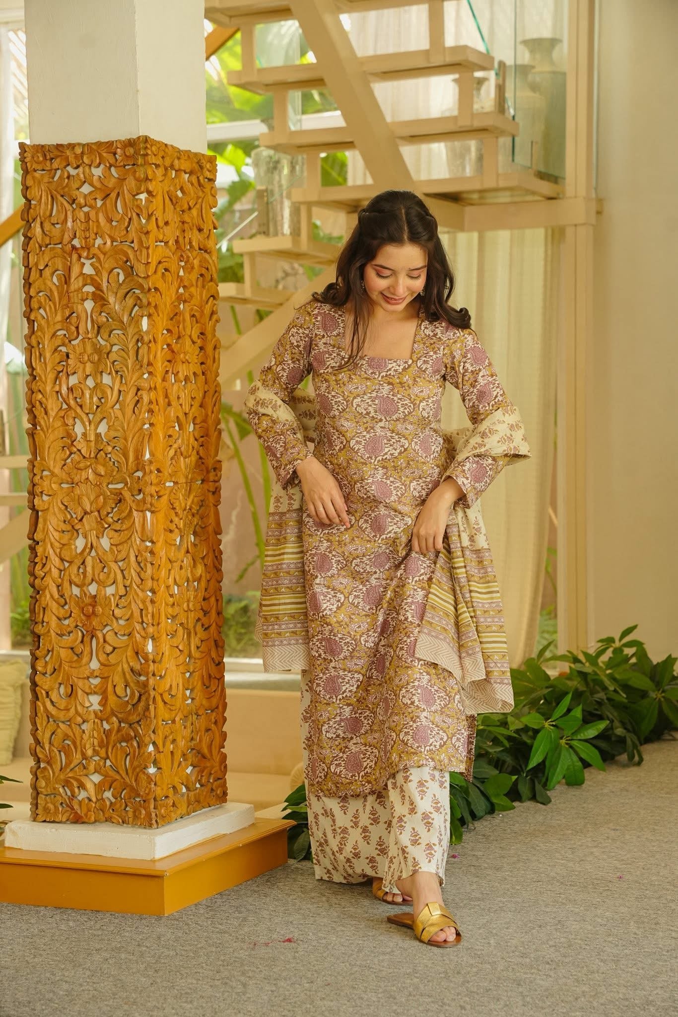 Ekavira Floral Cotton Straight Kurta Set