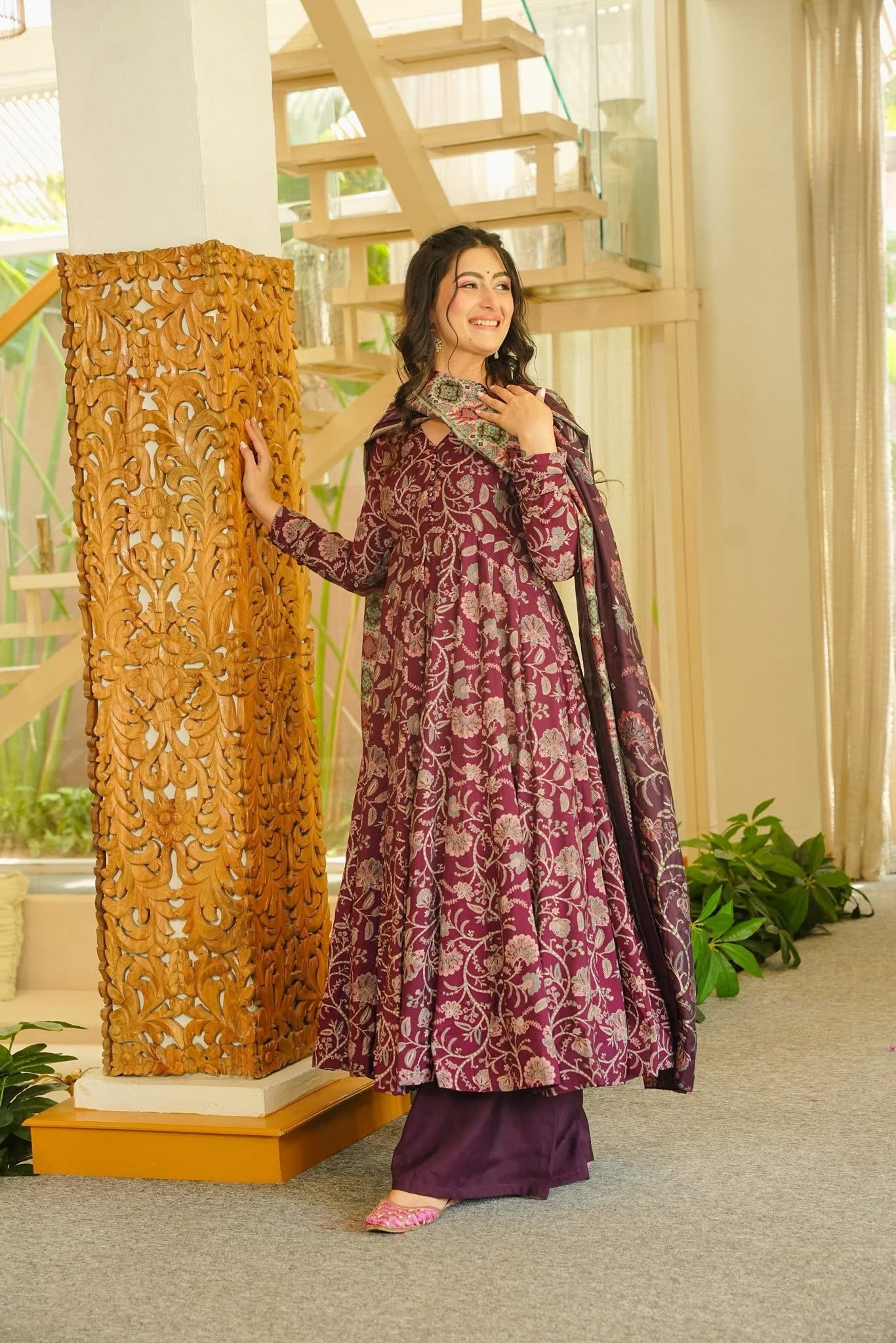 Jagruti Maroon Cotton Anarkali Suit Set