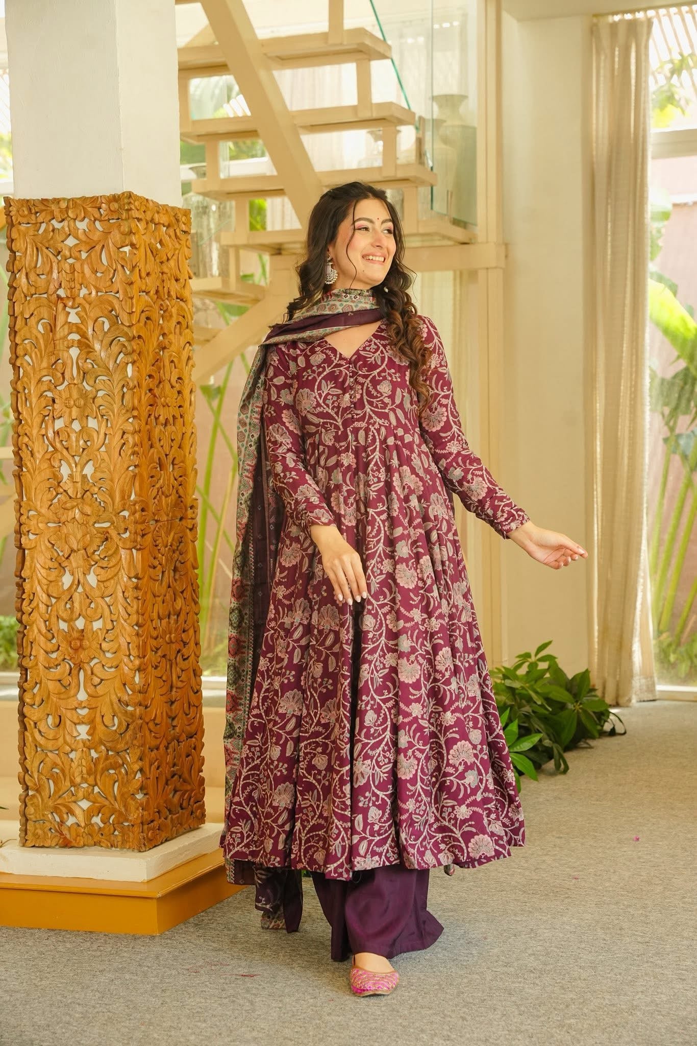 Jagruti Maroon Cotton Anarkali Suit Set