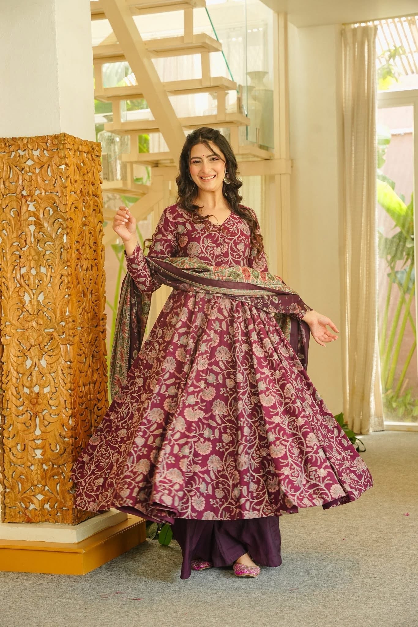Jagruti Maroon Cotton Anarkali Suit Set