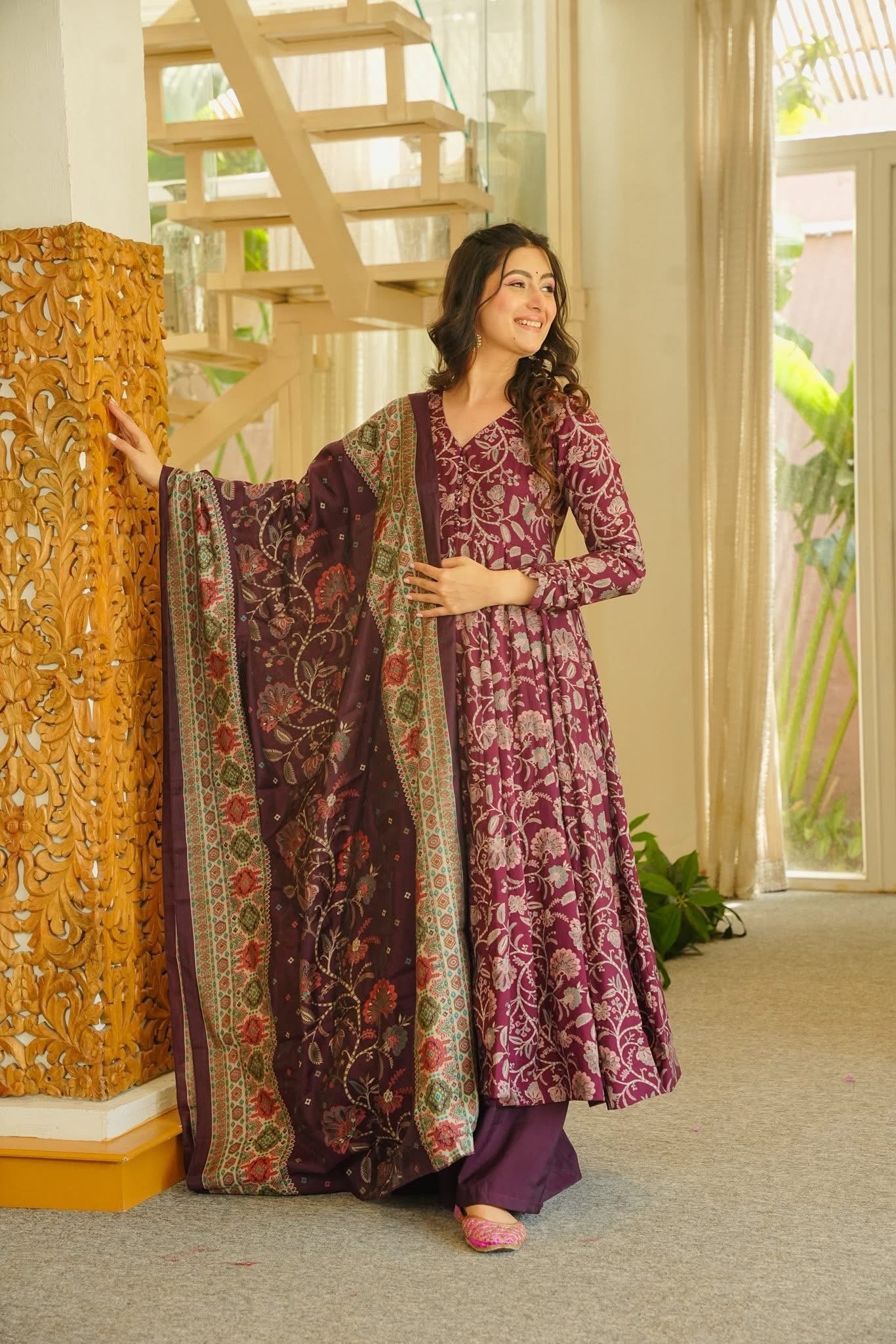 Jagruti Maroon Cotton Anarkali Suit Set