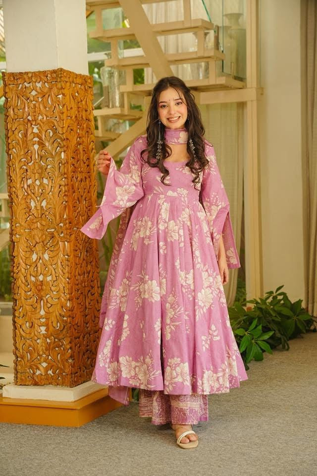 Elina Pink Cotton Anarkali Suit Set