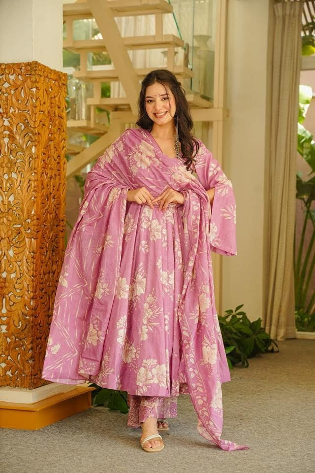 Elina Pink Cotton Anarkali Suit Set