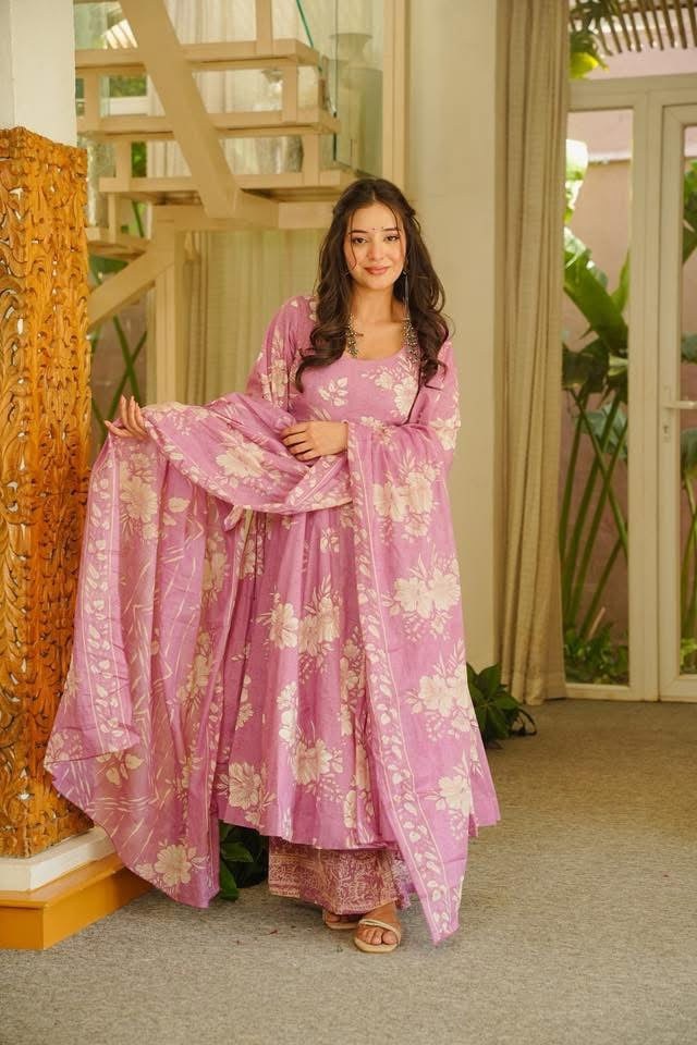 Elina Pink Cotton Anarkali Suit Set