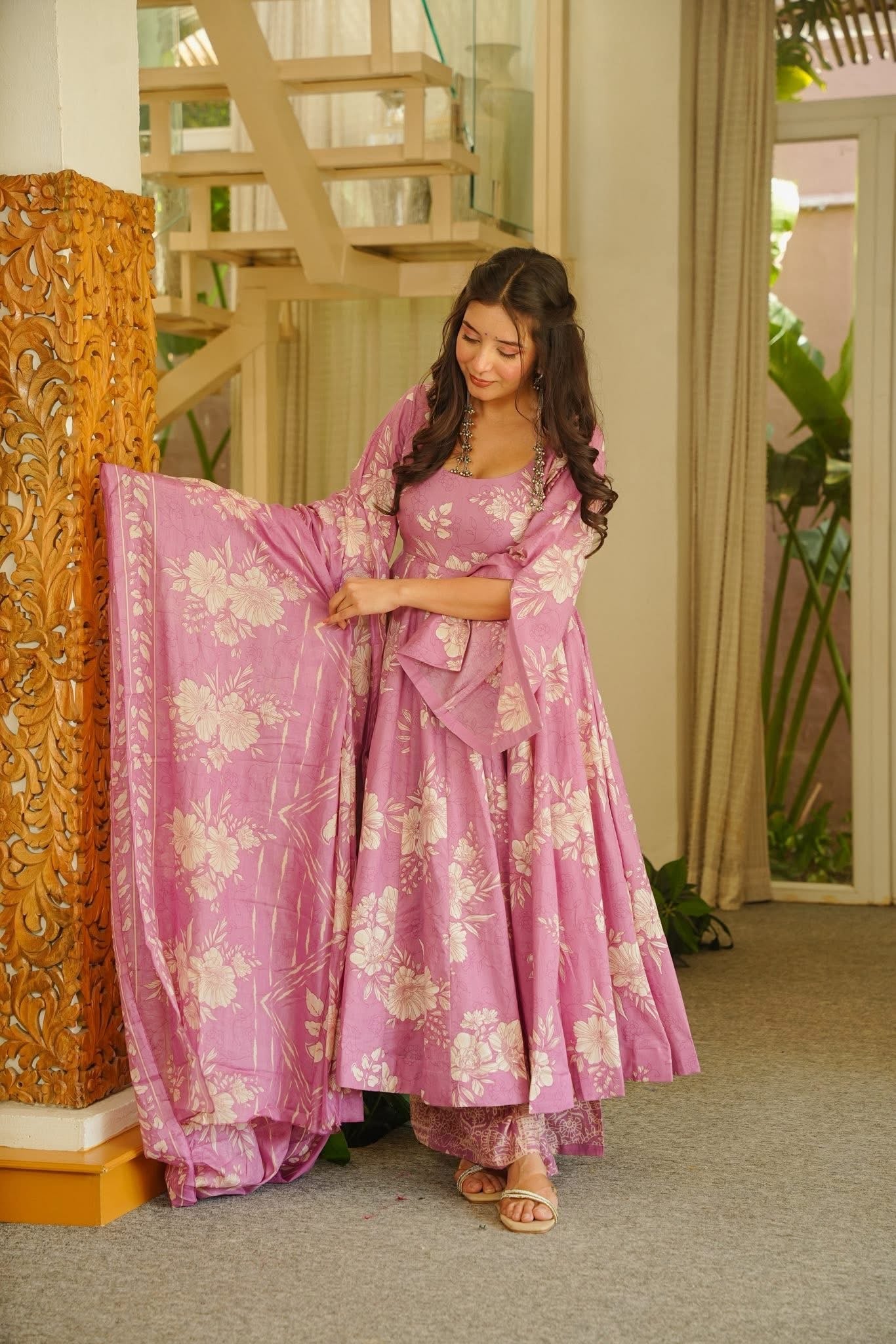 Elina Pink Cotton Anarkali Suit Set