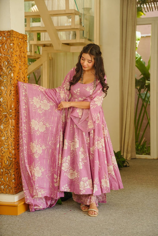 Elina Pink Cotton Anarkali Suit Set