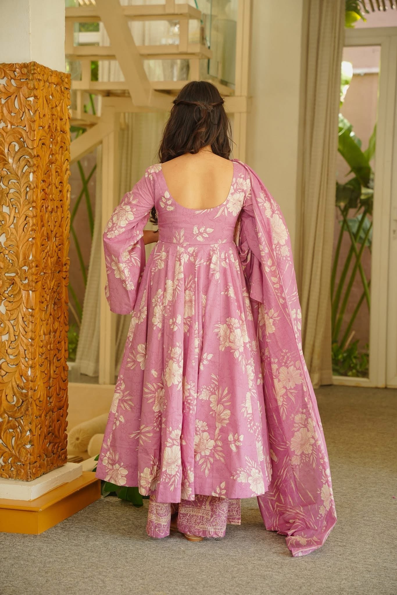 Elina Pink Cotton Anarkali Suit Set