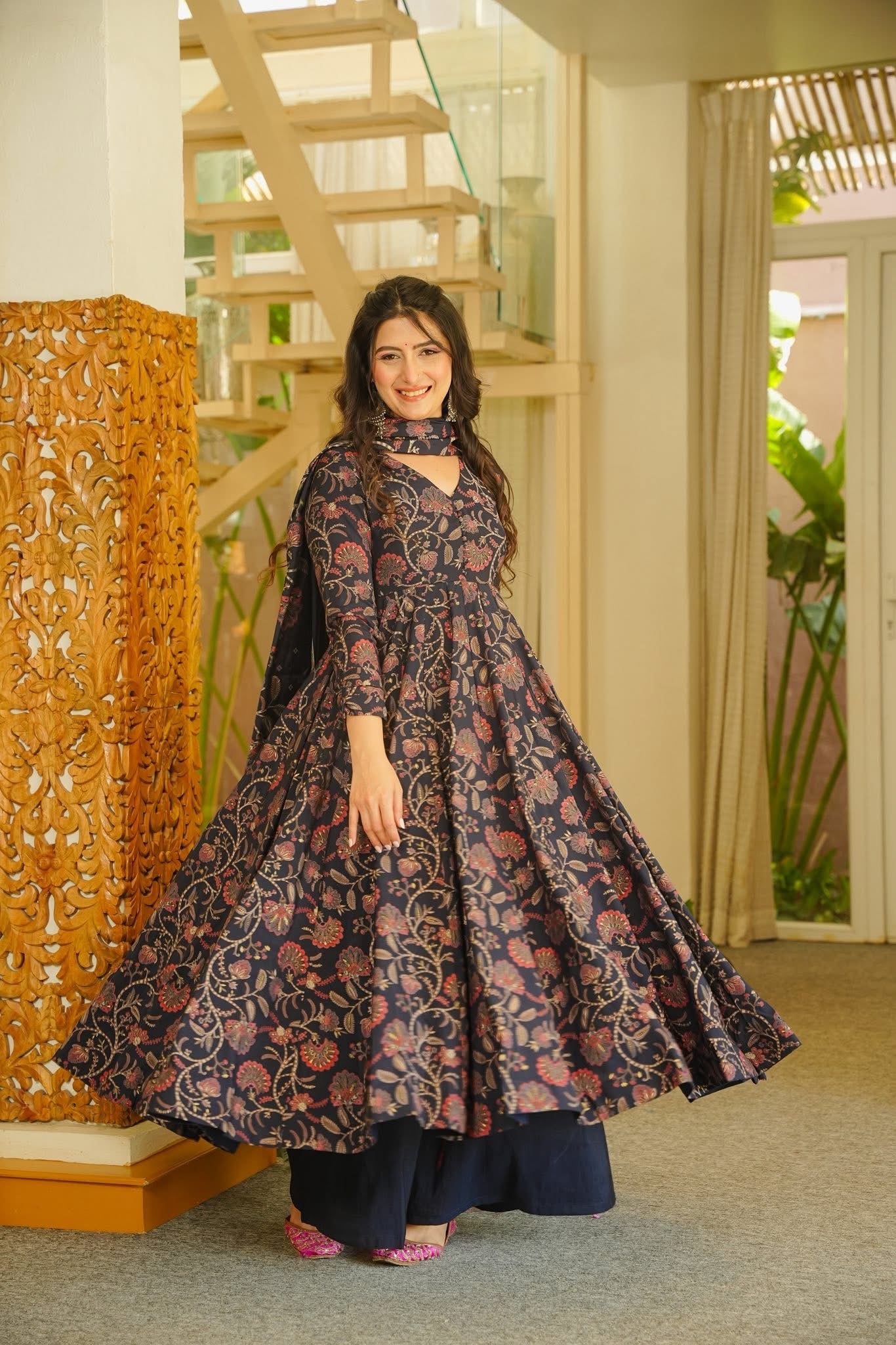 floral cotton anarkali dress Pink Floral Printed Cotton Anarkali Suit Set (ACZ6542)