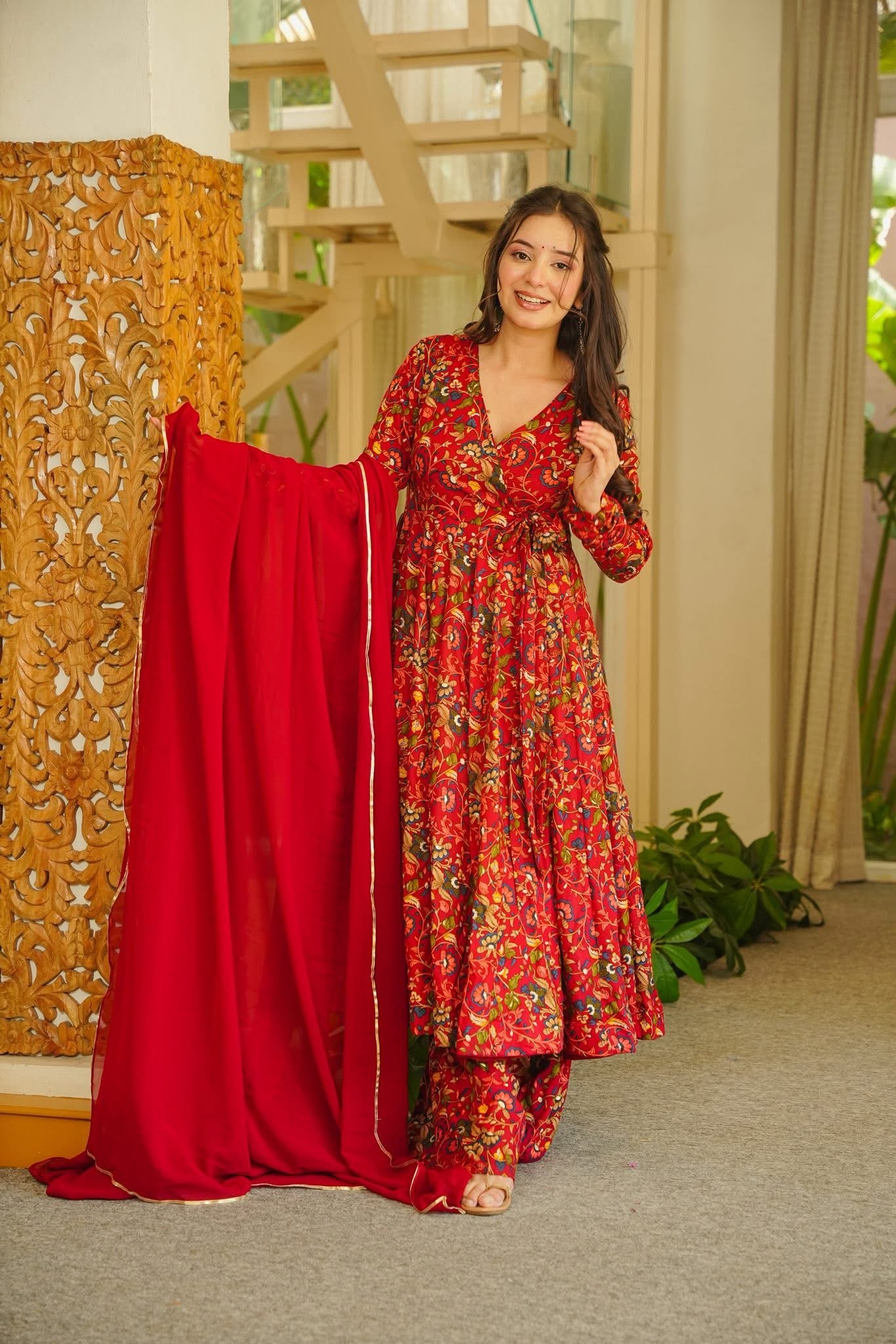 Rithmika Red Angrakha Anarkali Suit Set