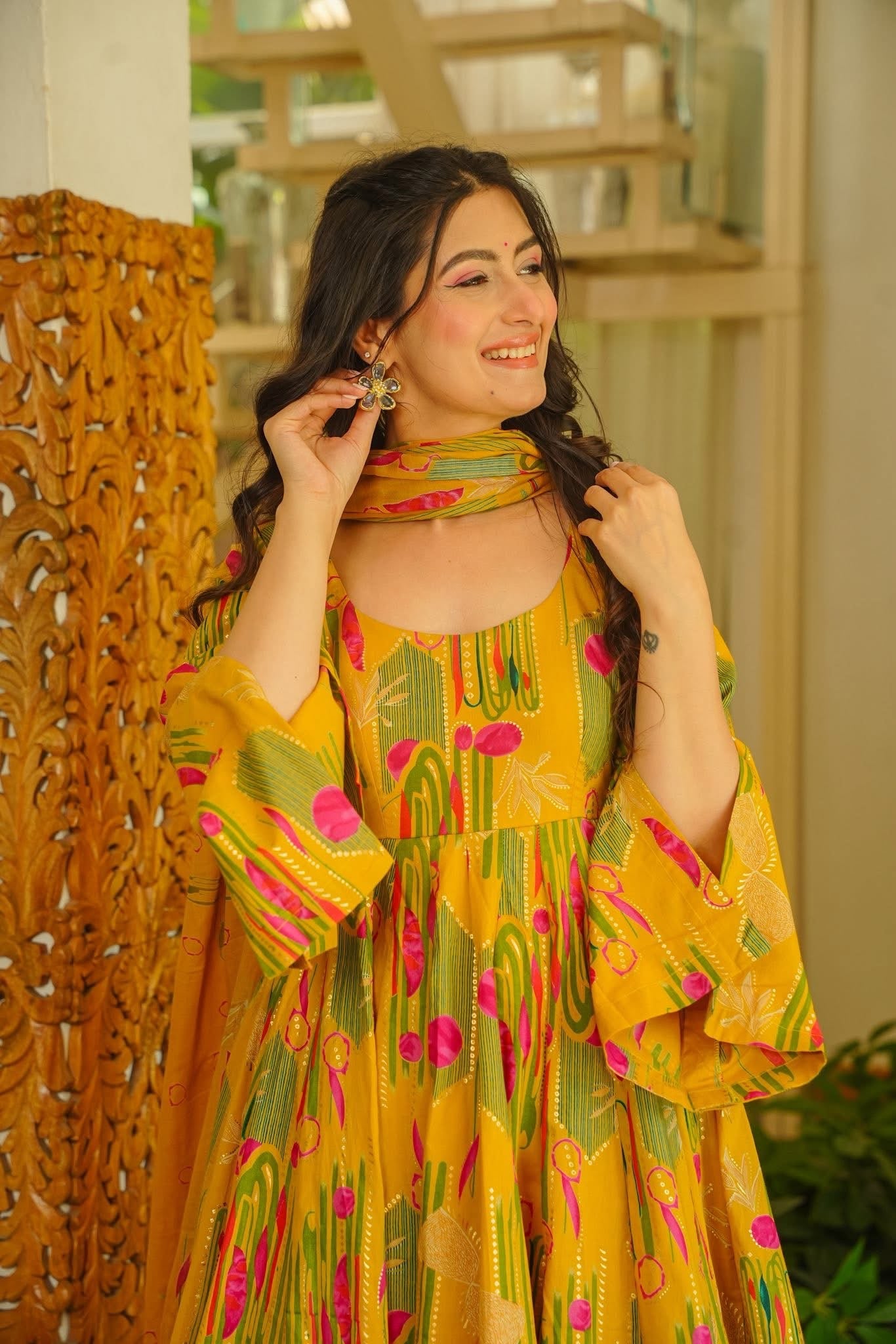 Mrigakshi Mustard Cotton Anarkali Suit Set