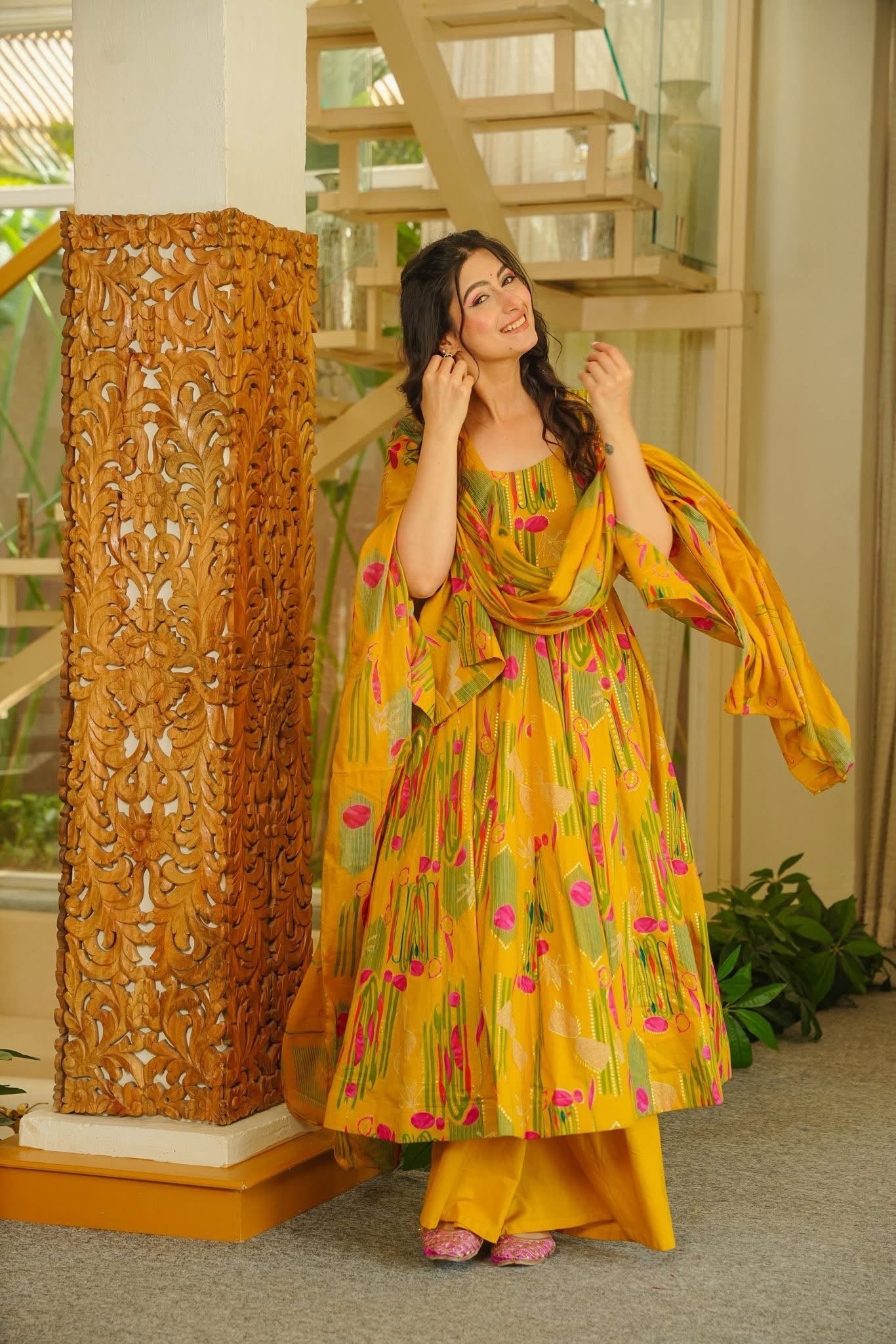 Mrigakshi Mustard Cotton Anarkali Suit Set