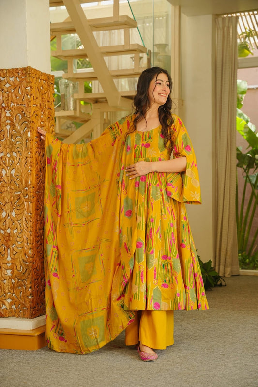 Mrigakshi Mustard Cotton Anarkali Suit Set
