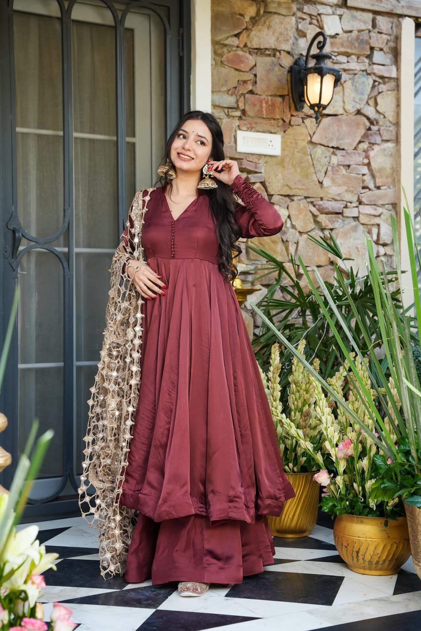 Samragyaa Brown Trendy Anarkali Suit Set