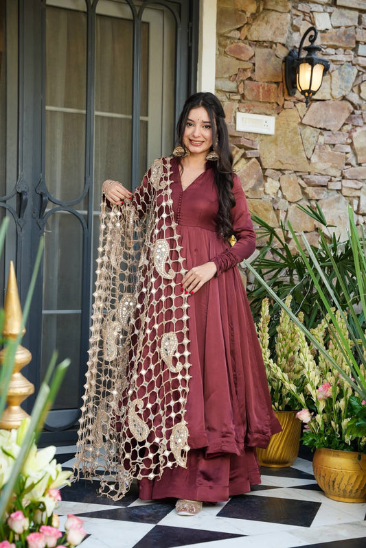 Samragyaa Brown Trendy Anarkali Suit Set