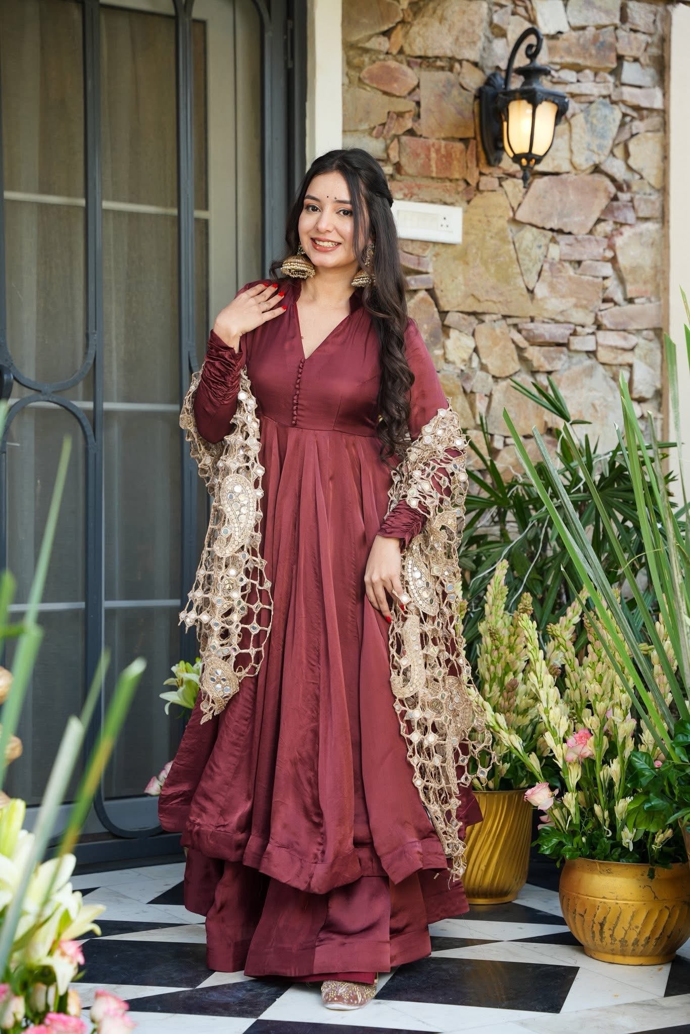 Samragyaa Brown Trendy Anarkali Suit Set