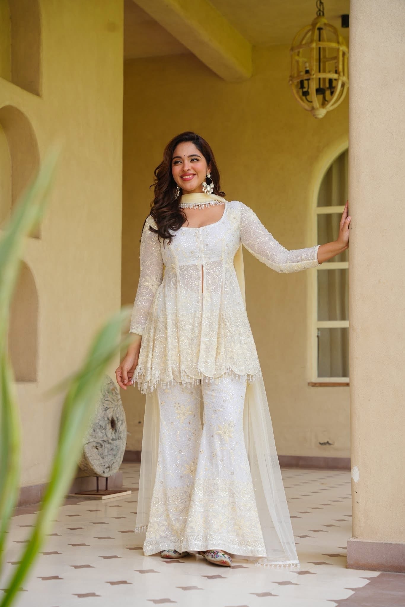 Siyaana White Heavy Embroidered Sharara Set
