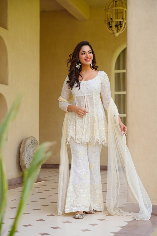 Siyaana White Heavy Embroidered Sharara Set