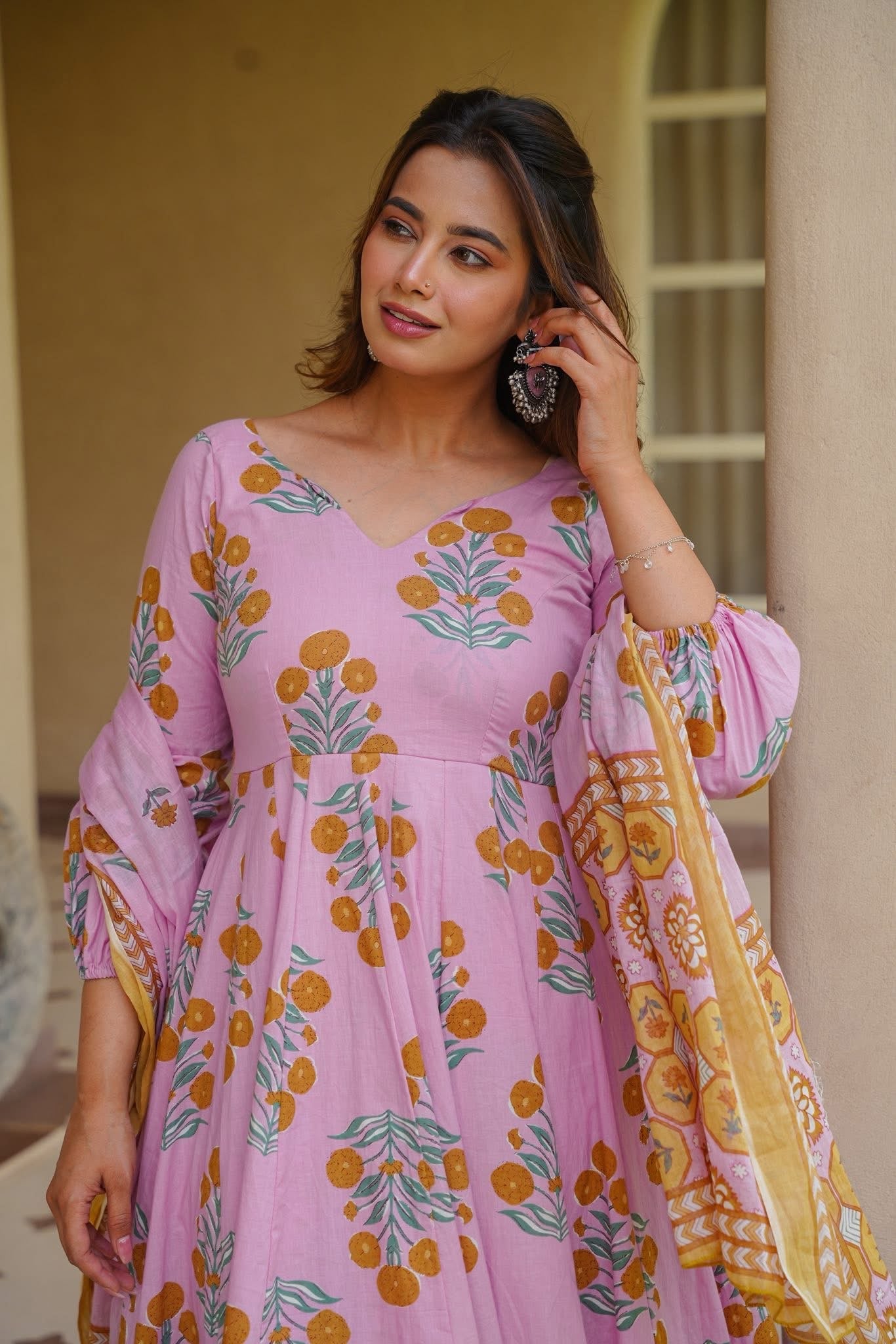 Areej Pink Cotton Anarkali Suit Set