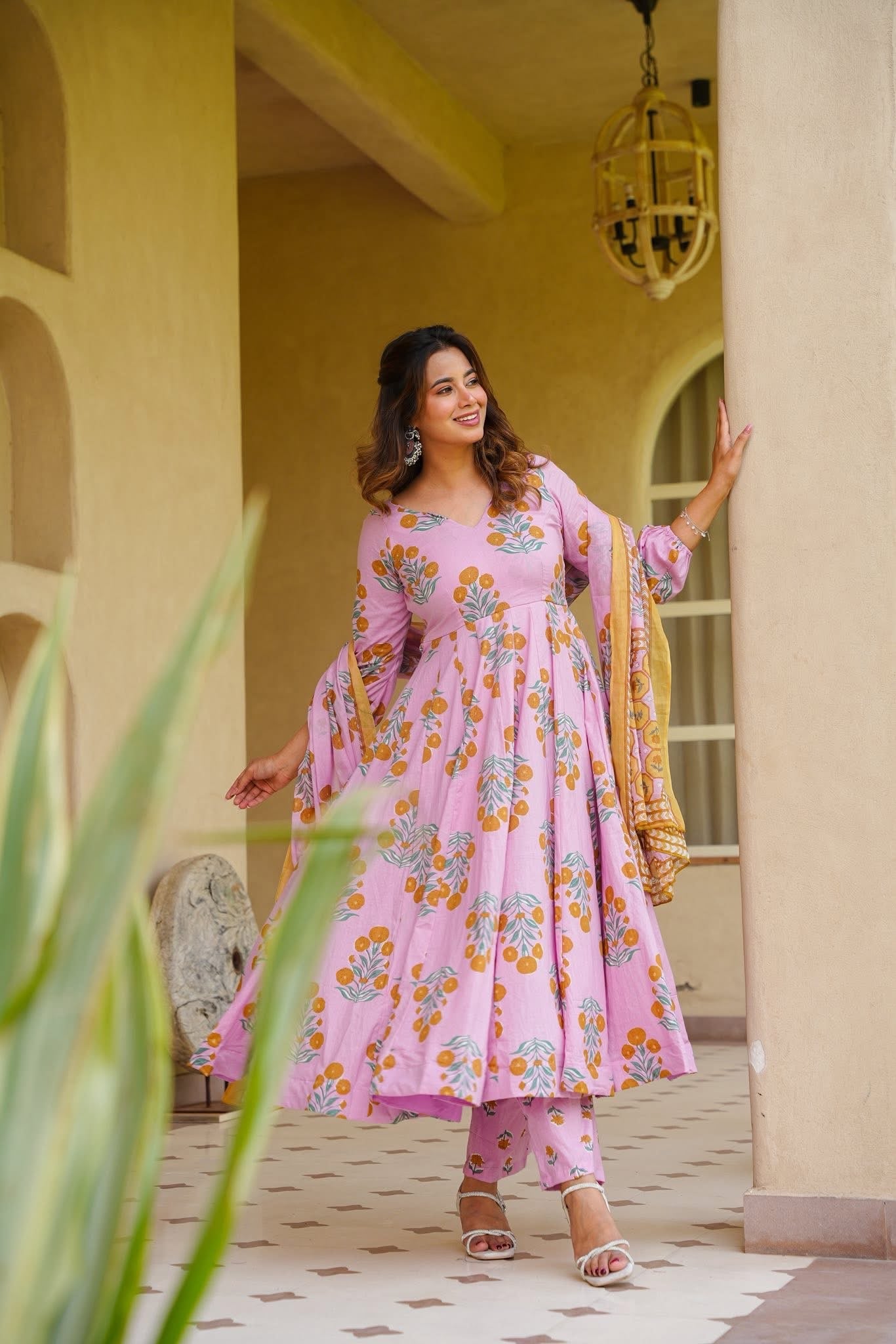 Areej Pink Cotton Anarkali Suit Set