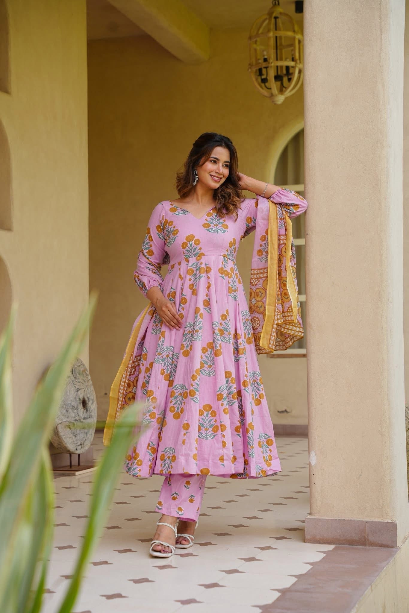 Areej Pink Cotton Anarkali Suit Set