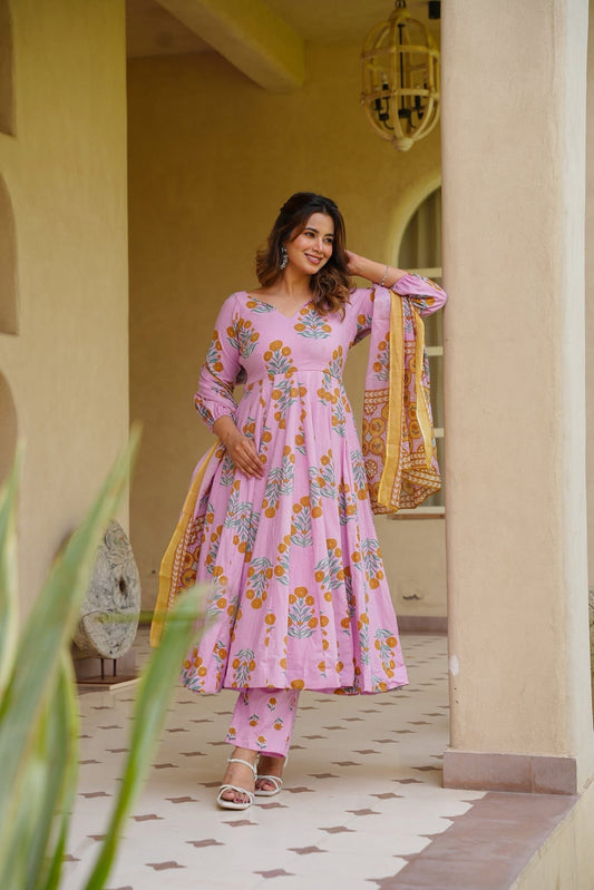 Areej Pink Cotton Anarkali Suit Set