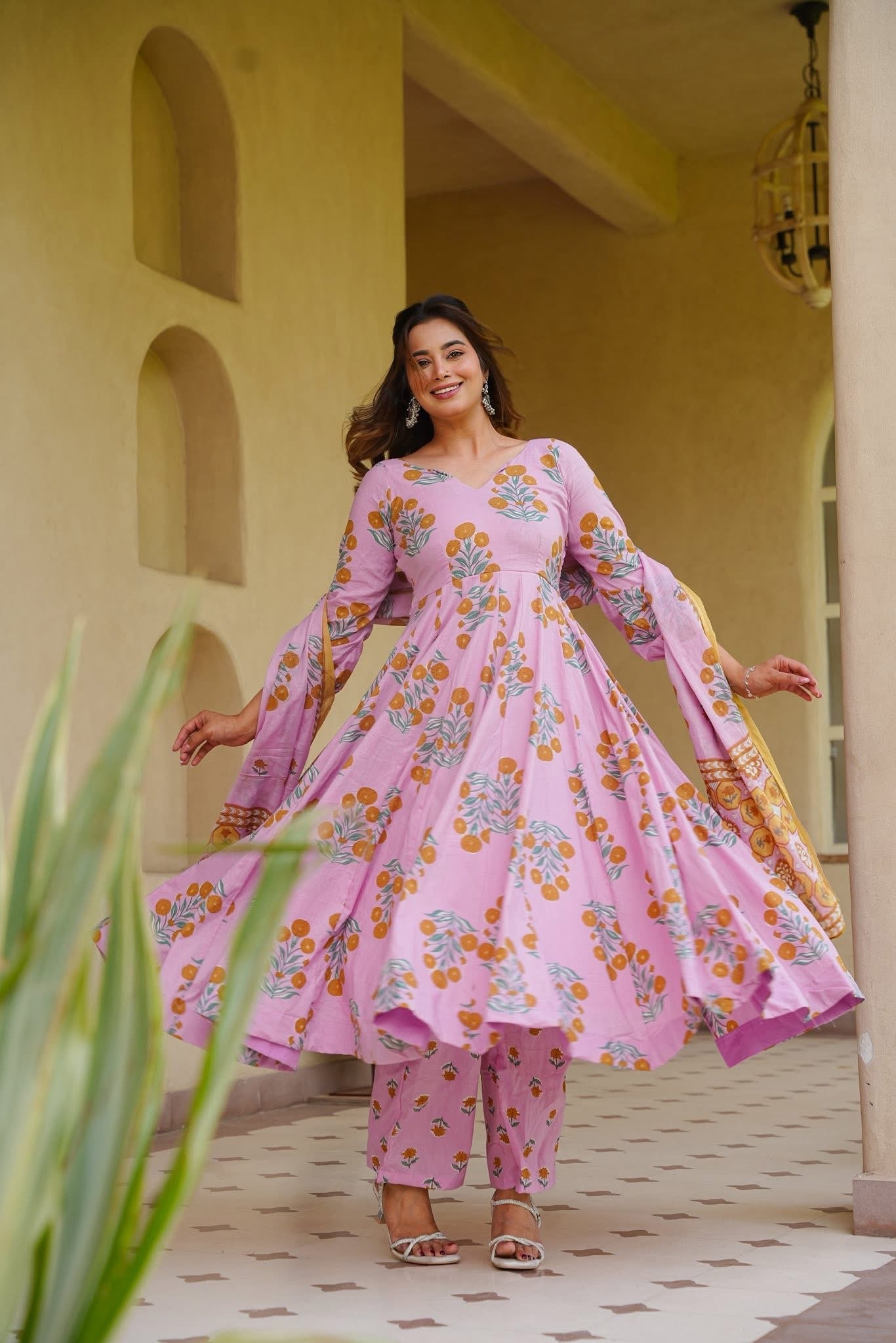 Areej Pink Cotton Anarkali Suit Set