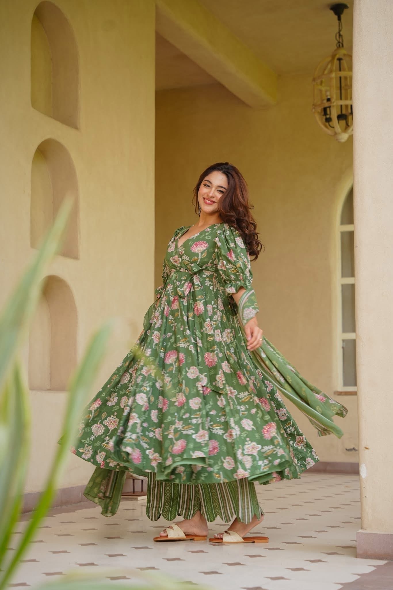 Insiya Green Cotton Anarkali Suit Set