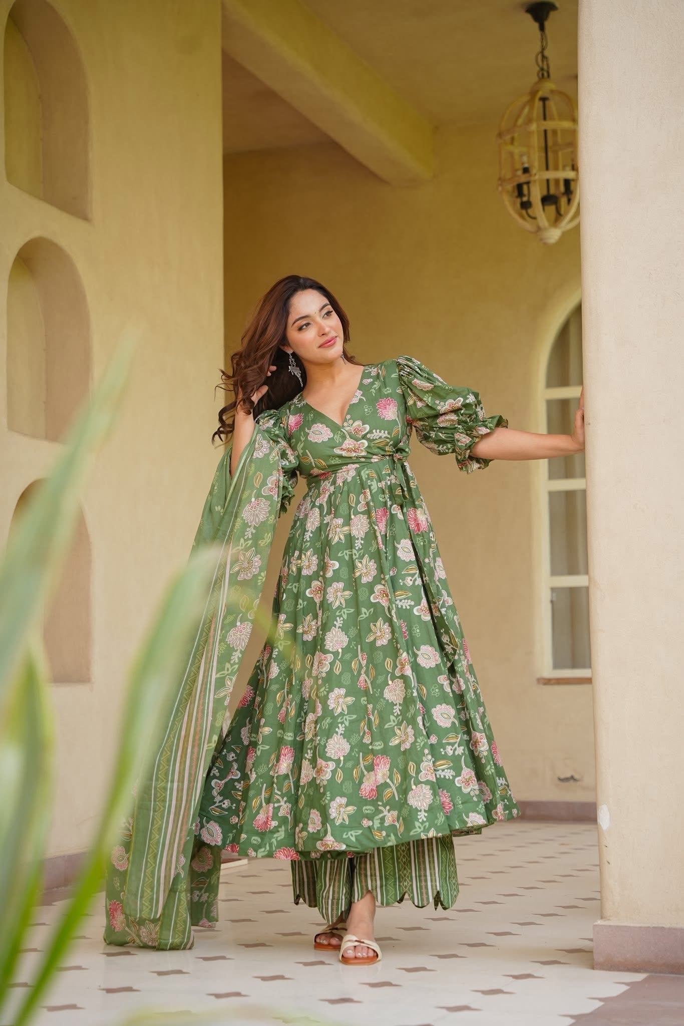 Insiya Green Cotton Anarkali Suit Set