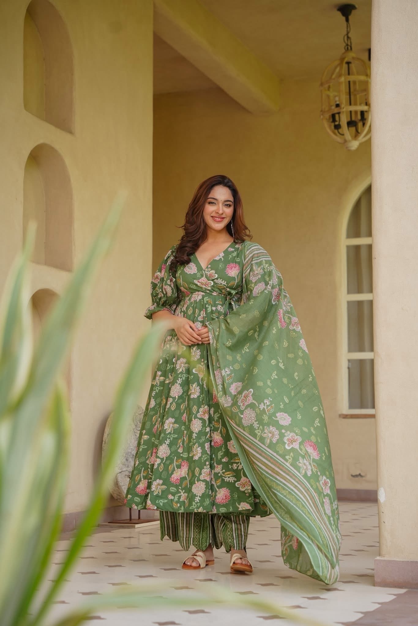 Insiya Green Cotton Anarkali Suit Set